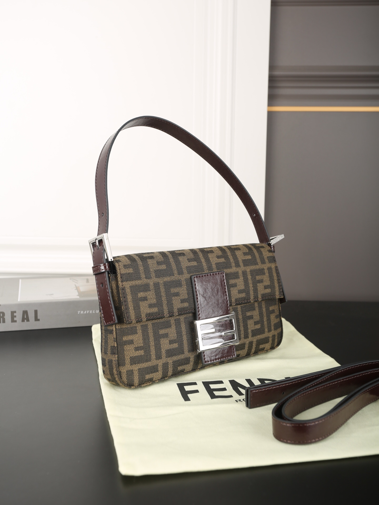 Fendi Monogram Brown Rectangular Baguette Canvas Shoulder Bag - KAIROO