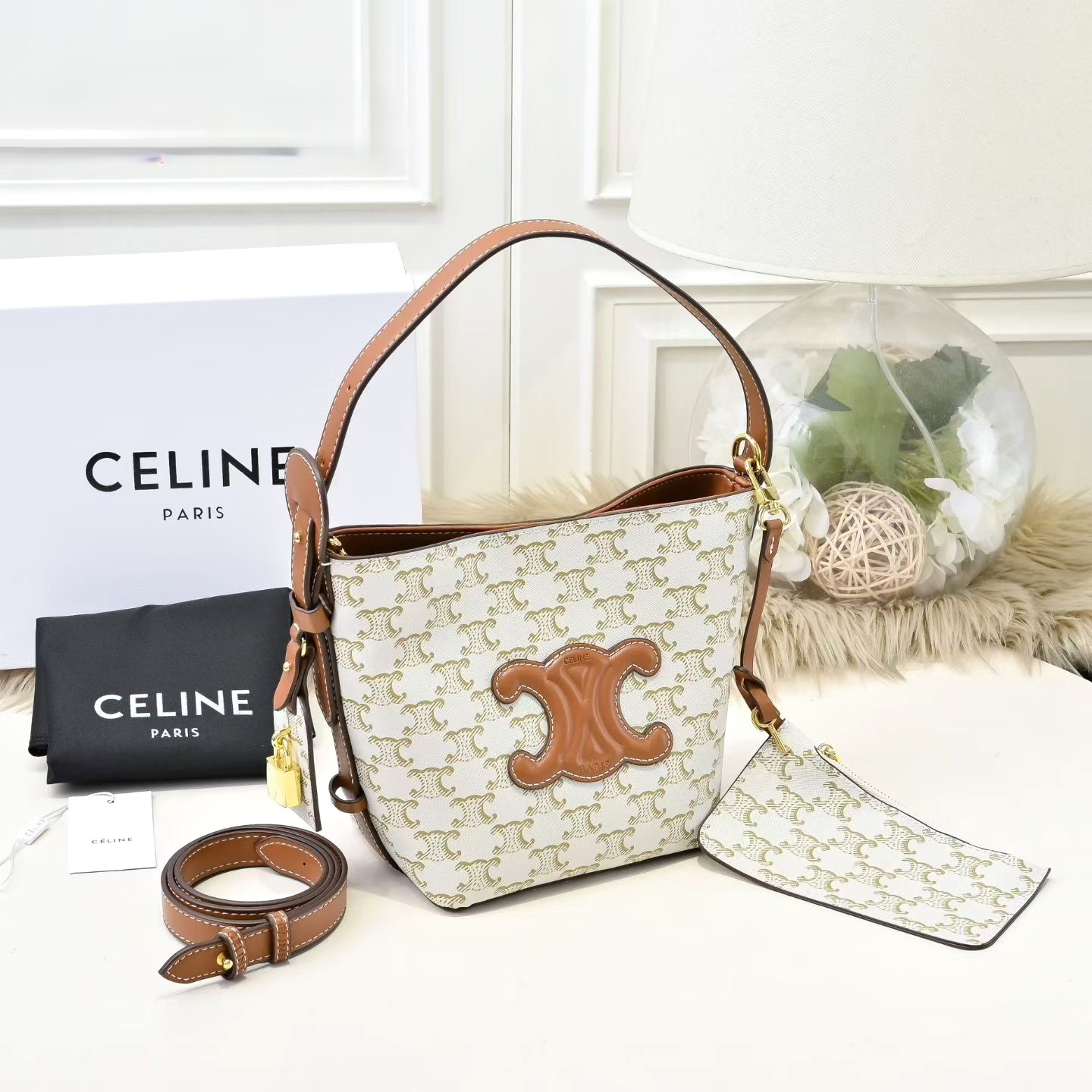 Celine Monogram Signature Print Leather Triomphe Logo Patch Crossbody Bucket Bag with Pouch - KAIROO