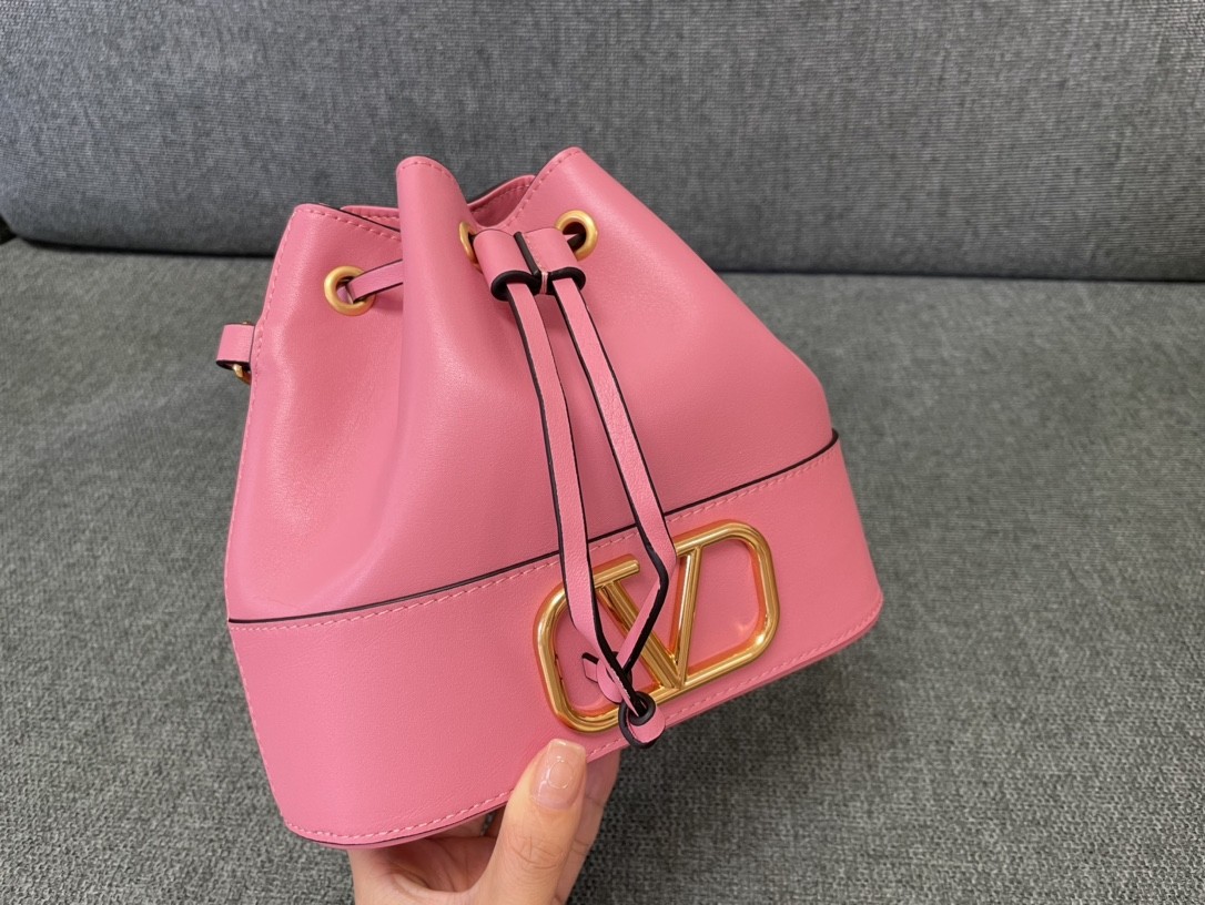 Valentino Pink Gold VLogo Signature Smooth Leather Drawstring Bucket Crossbody Bag - KAIROO