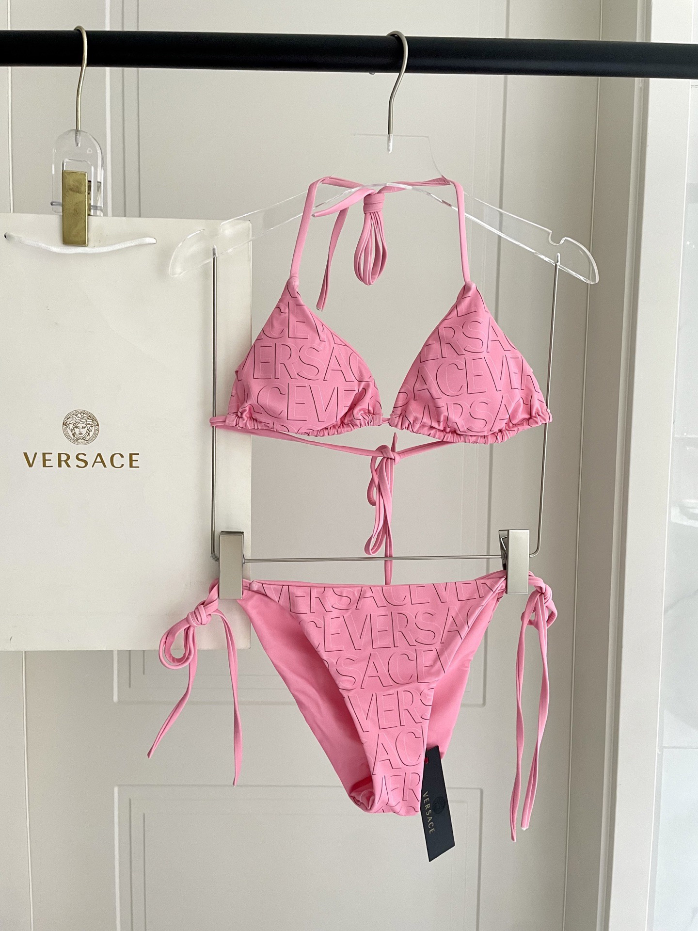 Versace Pastel Pink Allover Embossed Versace Logo Triangle Bikini Two-Piece Swimsuit - KAIROO