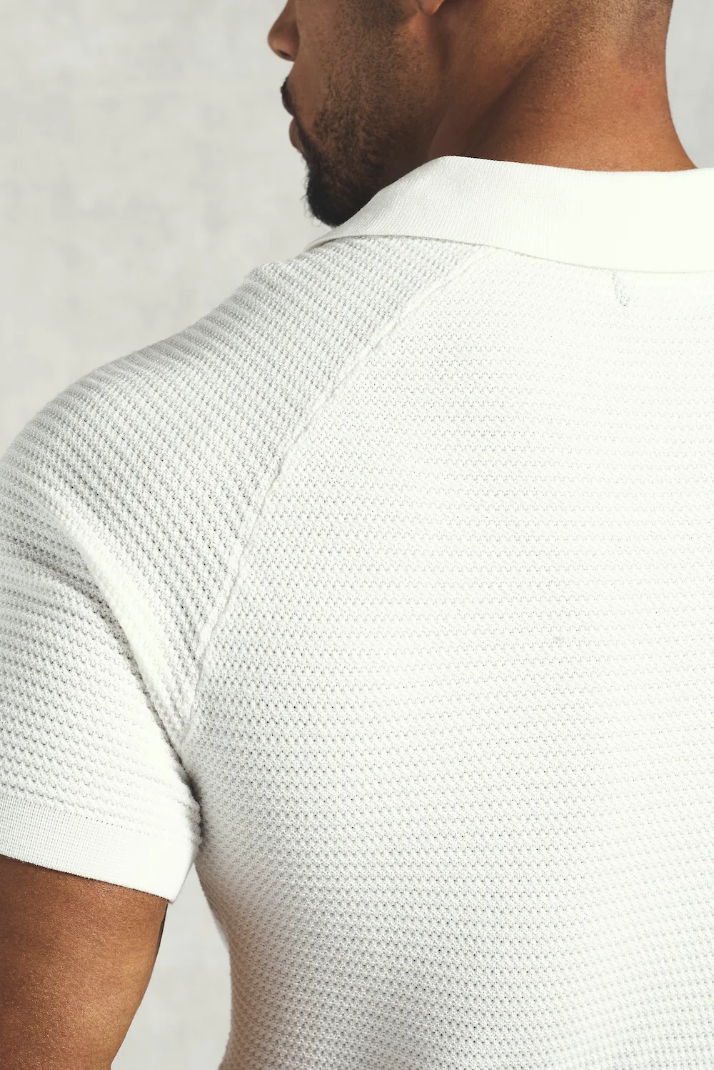 Textured Knitted Open Collar Polo Shirt in Off White