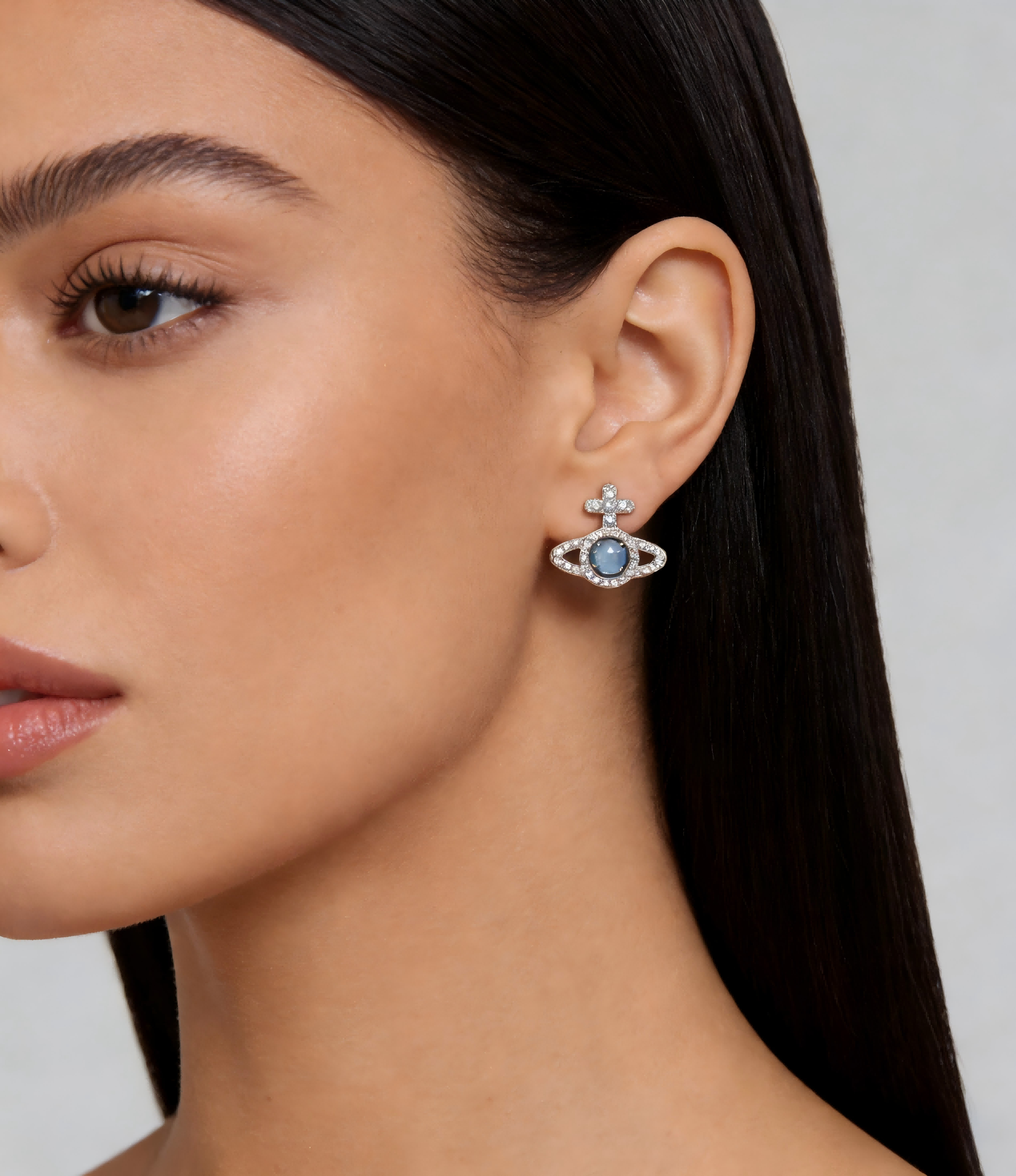 2026 New Vivienne Westwood Light Blue Crystal Saturn Orb Stud Earrings for Women, Silver Tone, Trendy Y2K Aesthetic Ear Accessories