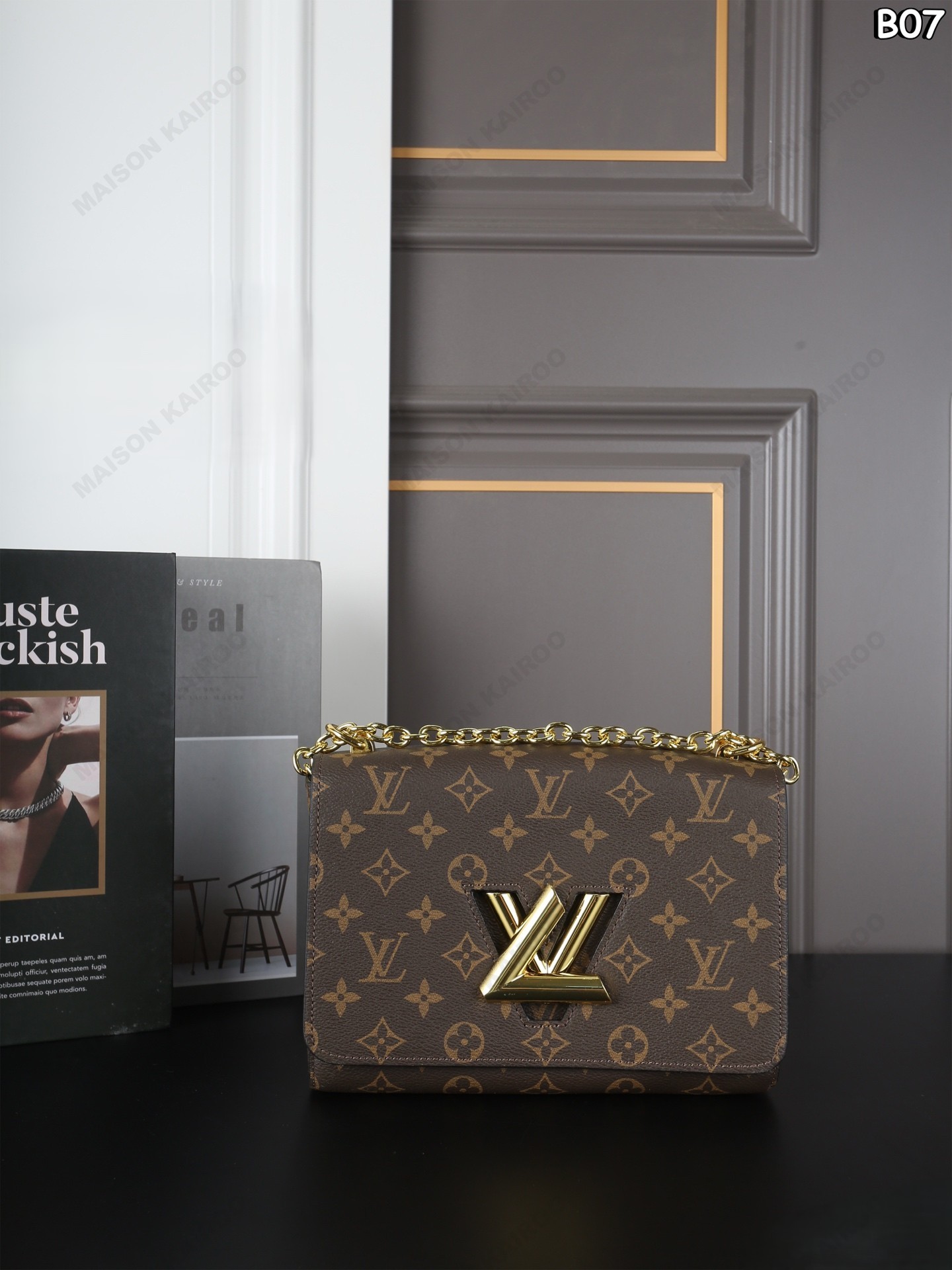 Louis Vuitton LV Twist Lock MM Brown Monogram Canvas Leather Gold Logo Flap Chain Shoulder Bag - KAIROO