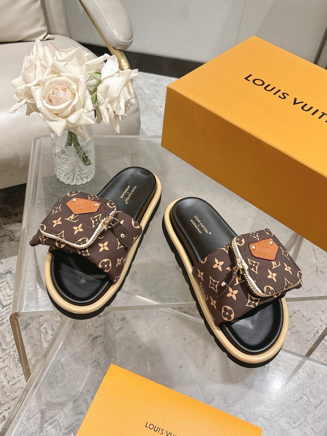 Louis Vuitton Monogram Coated Canvas Front Zipper Mini Pocket Padded Flat Mule Slide Sandals - KAIROO
