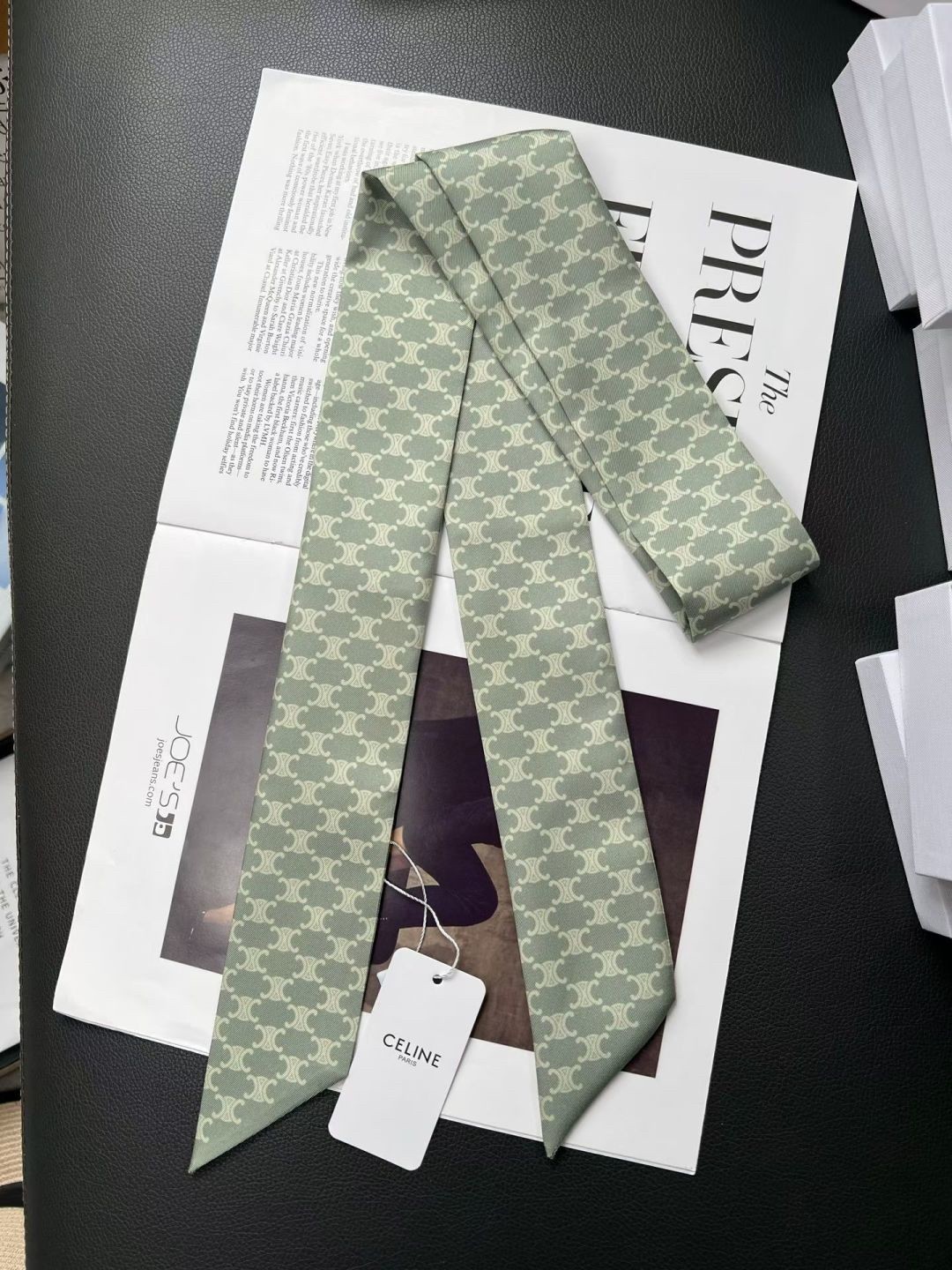 Celine Green Monogram Triomphe All Over Print Silk Twill Skinny Scarf - KAIROO