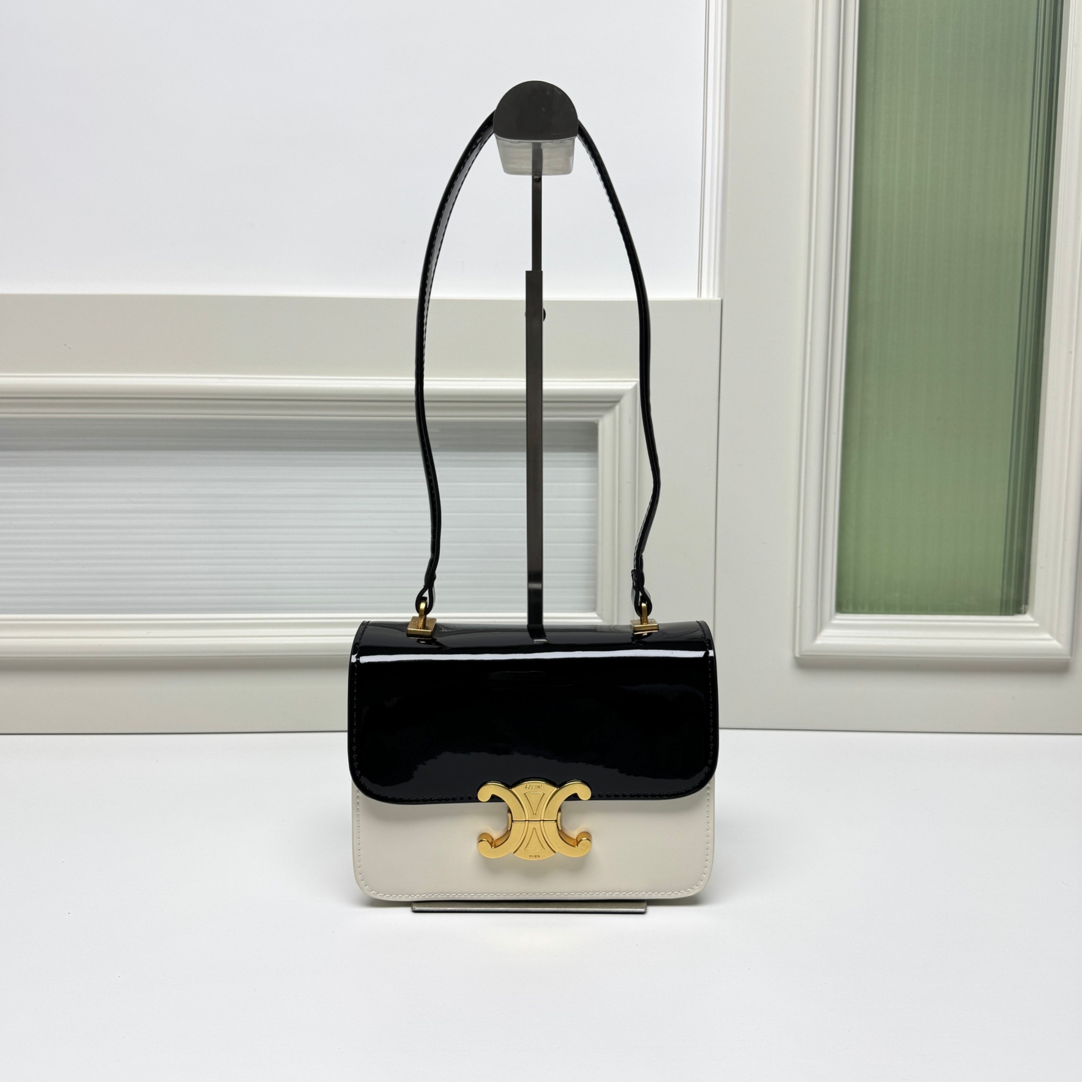 Celine Small Black Patent White Leather Bicolour Gold Tone Triomphe Hardware Shoulder Bag - KAIROO