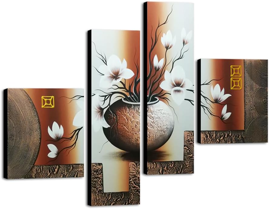 Wieco Art -Stretched and Framed 100% Hand-painted Modern Canvas Wall Art Stretched and Framed Elegant Flowers for Home Decoration Floral Oil Paintings on Canvas 4pcs/set