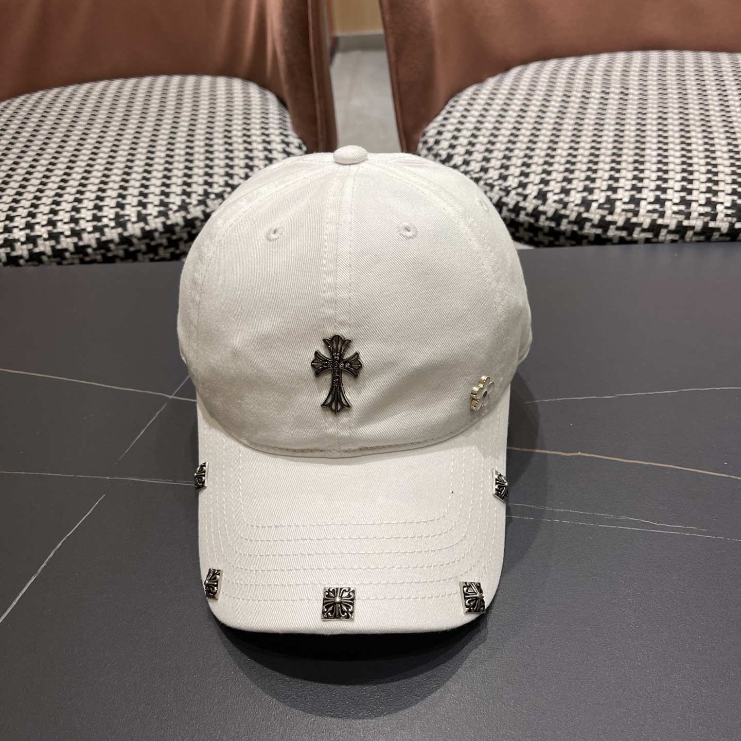 Chrome Hearts Washed Cotton Baseball Cap Hat With Silver Cross Studs & Ornate Cross Logo - KAIROO
