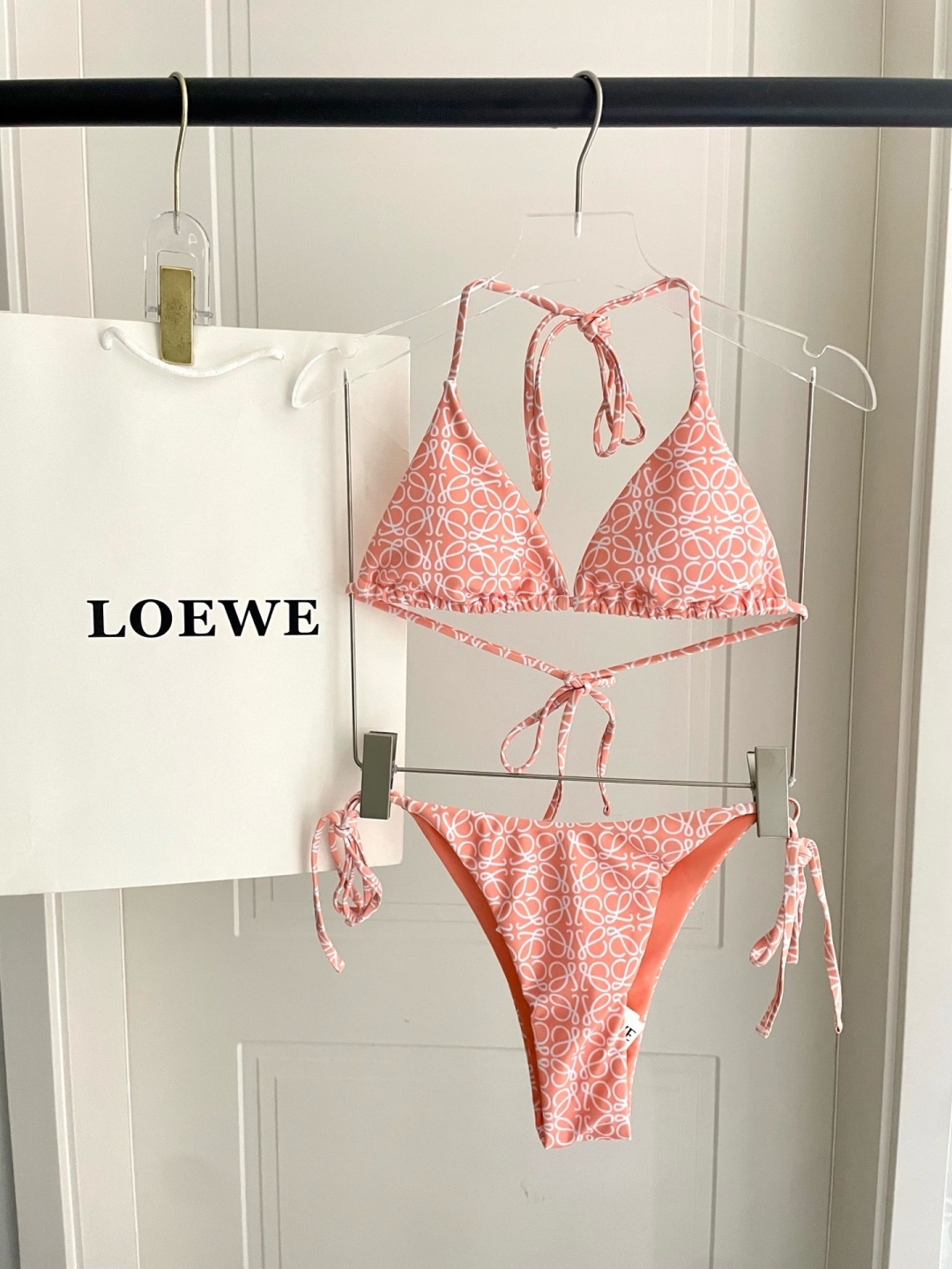 Loewe Coral Pink Repeat All-Over Anagram Print Triangle Halter Bikini Swimsuit Two-Piece Set - KAIROO