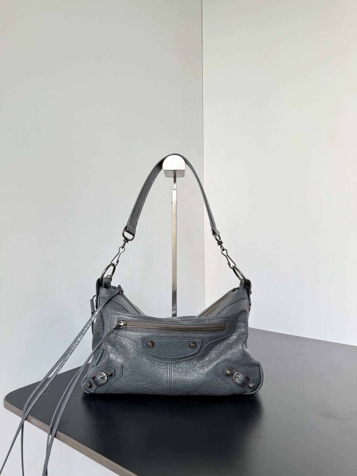 𝐁alenciaga Le City Moto Bag Small in Grey Lambskin
