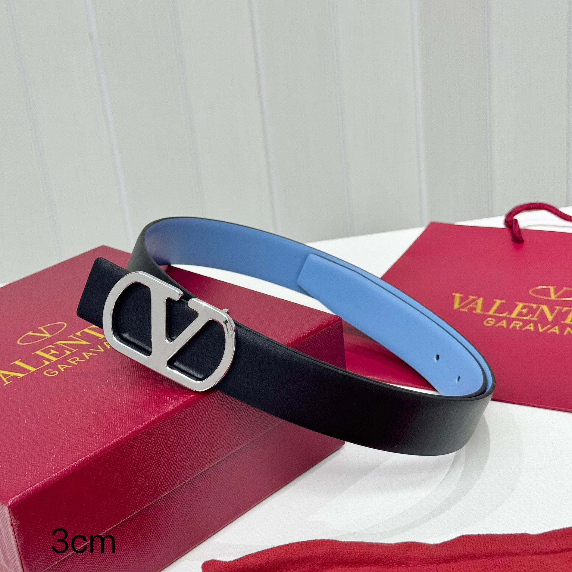 Valentino VLogo Signature Blue Black Silver Buckle Reversible Smooth Leather Belt - KAIROO