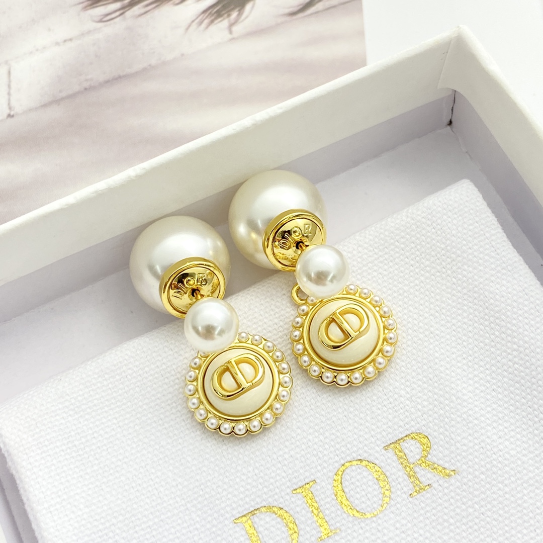 Dior White Button Pearl Double Ball Stud Earrings