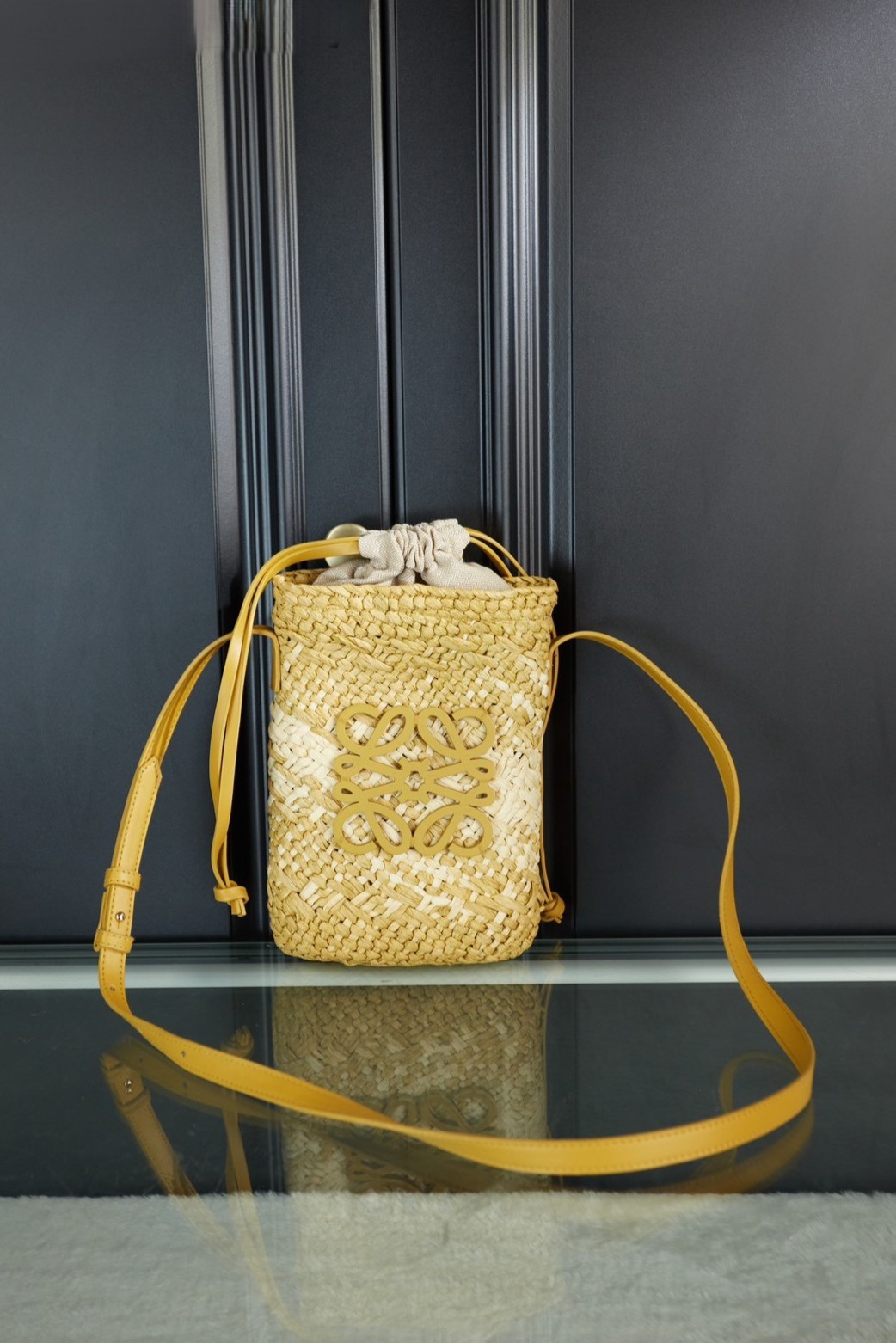 Loewe Yellow Paula's Ibiza Woven Elephant Grass Leather Anagram Drawstring Bucket Bag - KAIROO