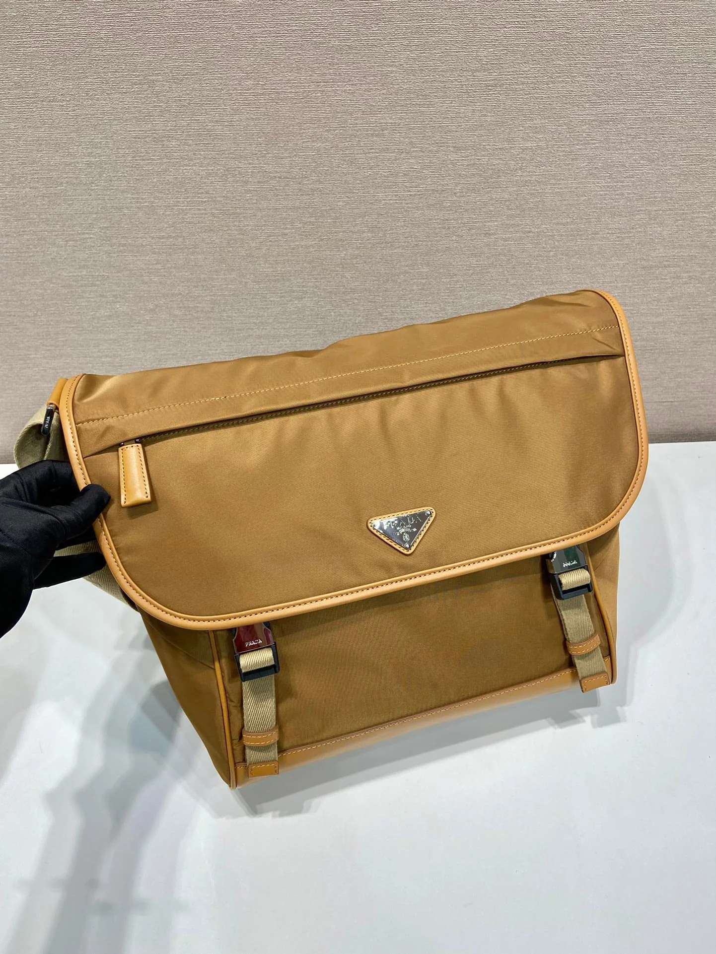 Prada LARGE FLAP BAG 30 IN CIDER BROWN RE-NYLON AND CALFSKIN TRIM