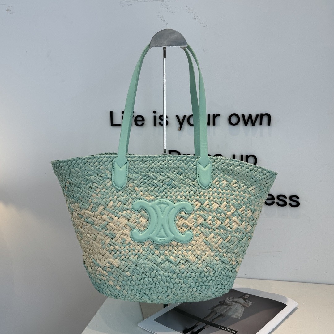 Celine Mint &  Beige Two-tone Triomphe Logo Patch Raffia Woven Long Handle Flared Basket Bag - KAIROO