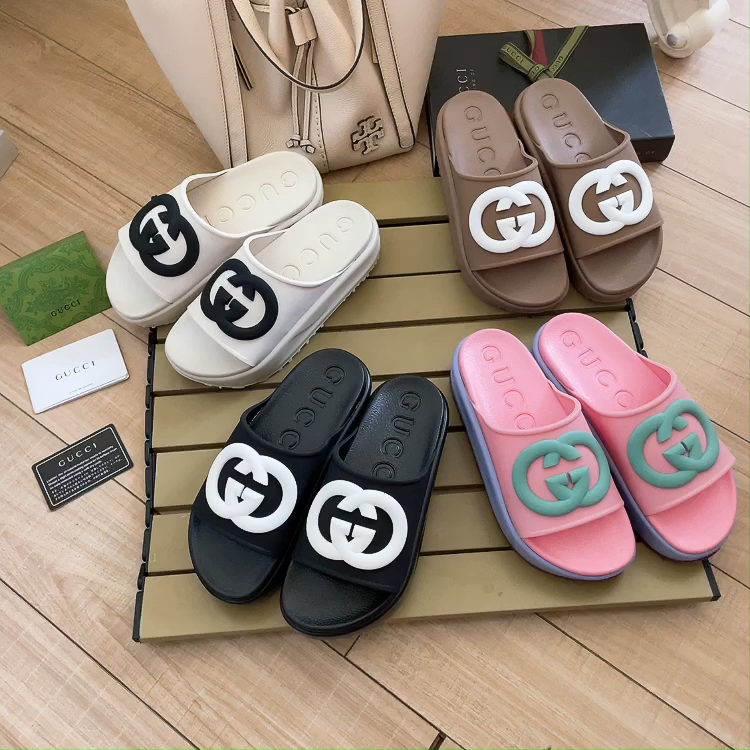 Gucci Interlocking CC Two-Tone Logo Rubber Chunky Platform Sandals Slides - KAIROO