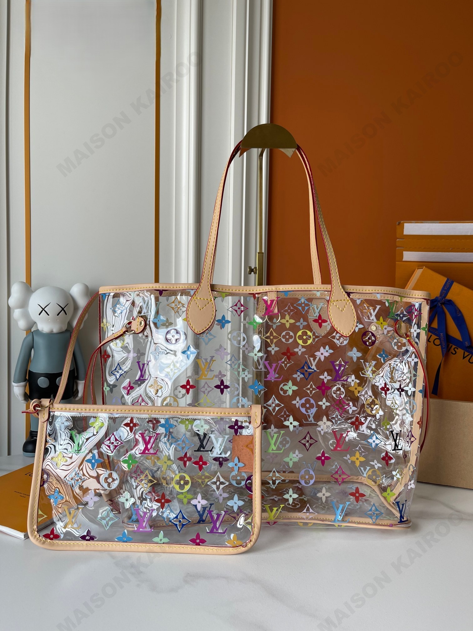 Louis Vuitton LV x TM Neverfull MM PVC Transparent White Multicolore Monogram Pool Tote Bag With Pouch - KAIROO