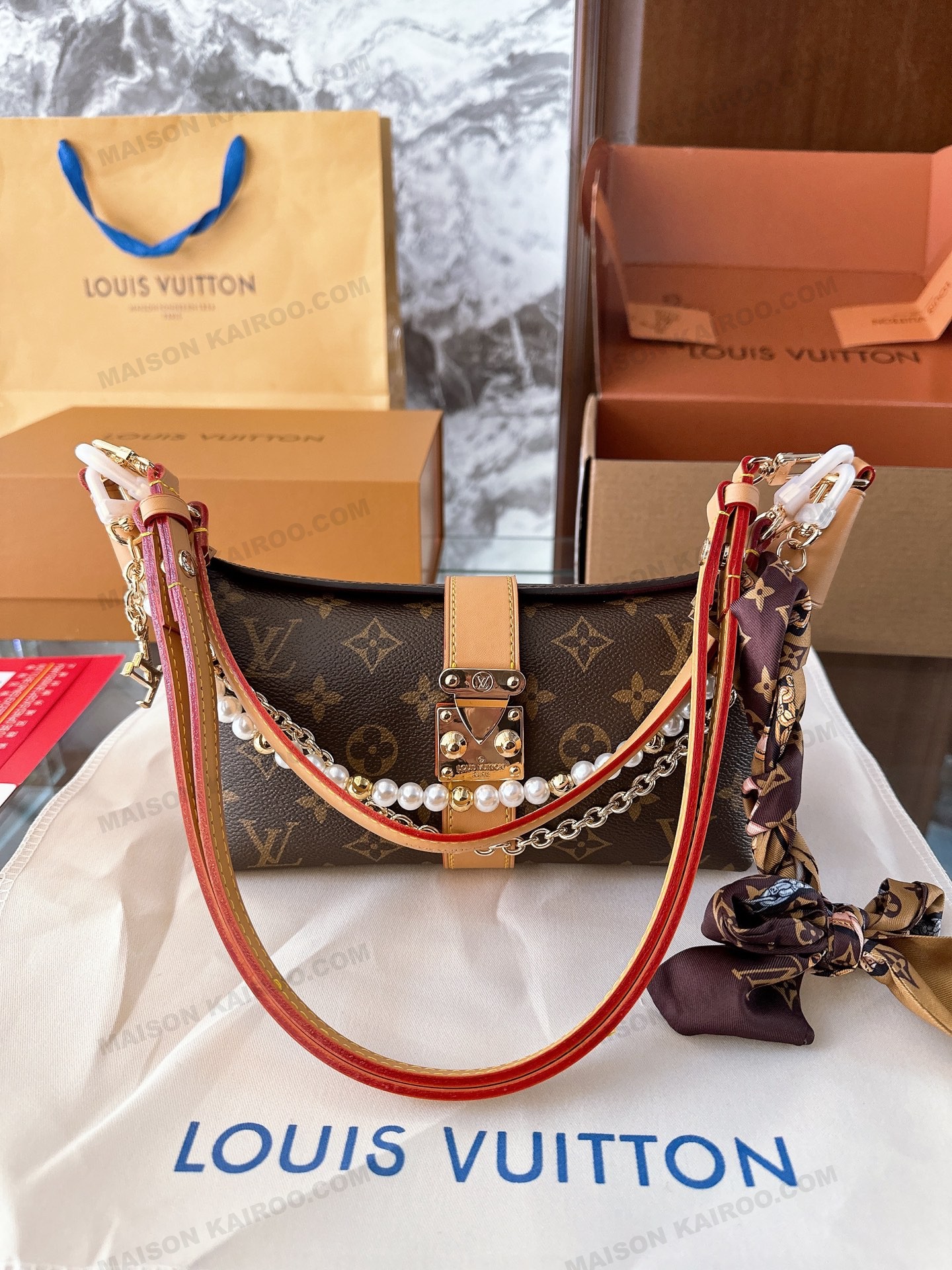 Louis Vuitton LV Pochette Mia Brown Monogram Canvas Pearl Chain S-Lock Baguette Hobo Croissant Shoulder Bag - KAIROO