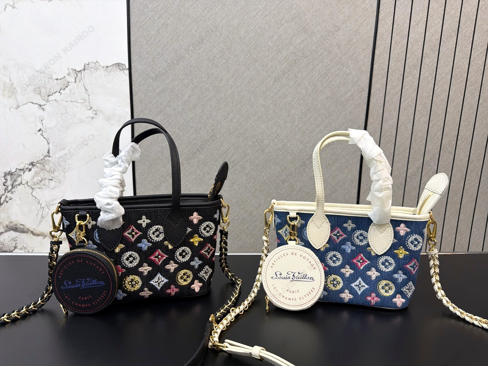 Louis Vuitton LV Neverfull BB Monogram Multicolor Embroidered Denim Tote Crossbody Bag With Pouch - KAIROO