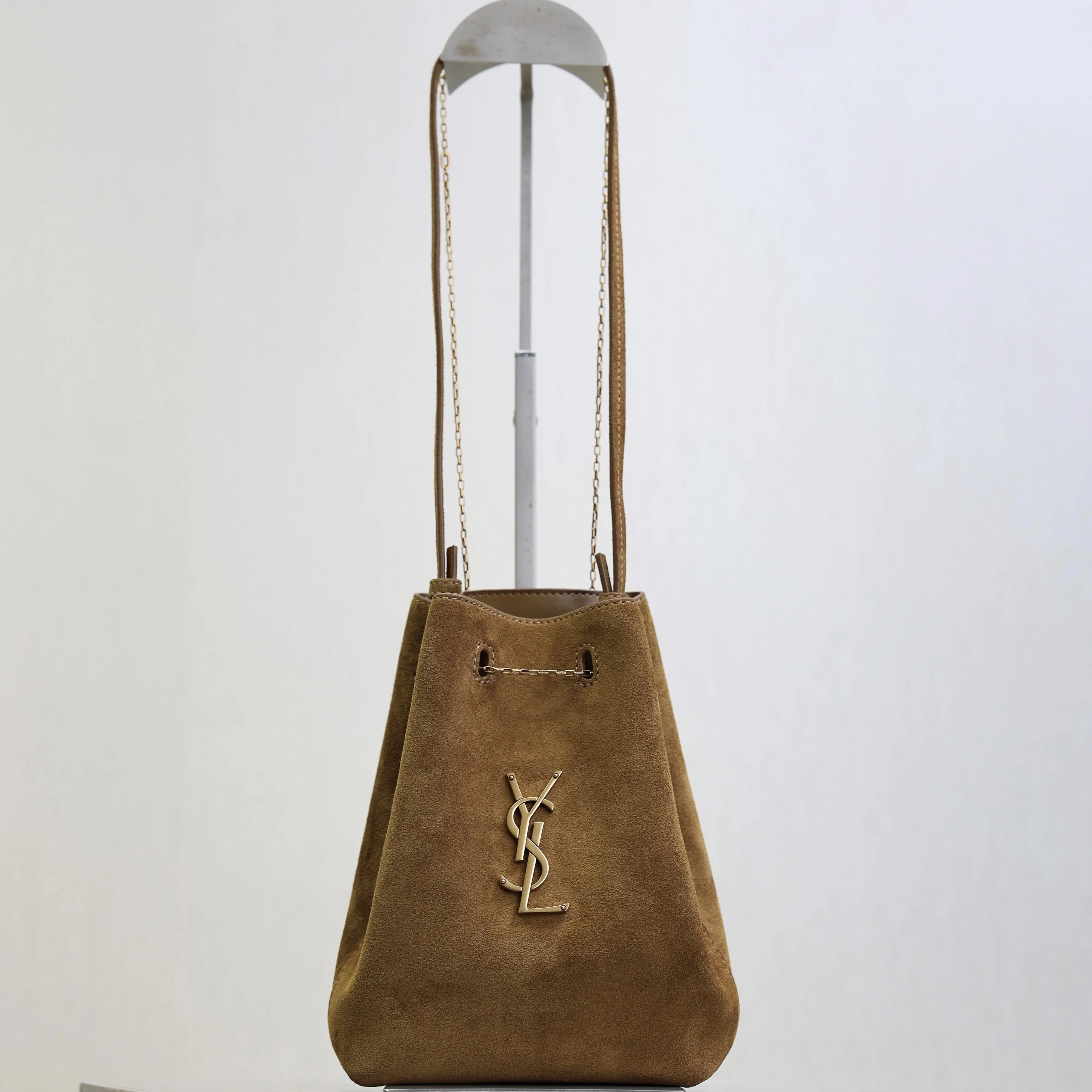 Saint Laurent YSL Pochon Bucket Bag 20cm Brown Suede Bronze-Tone HW