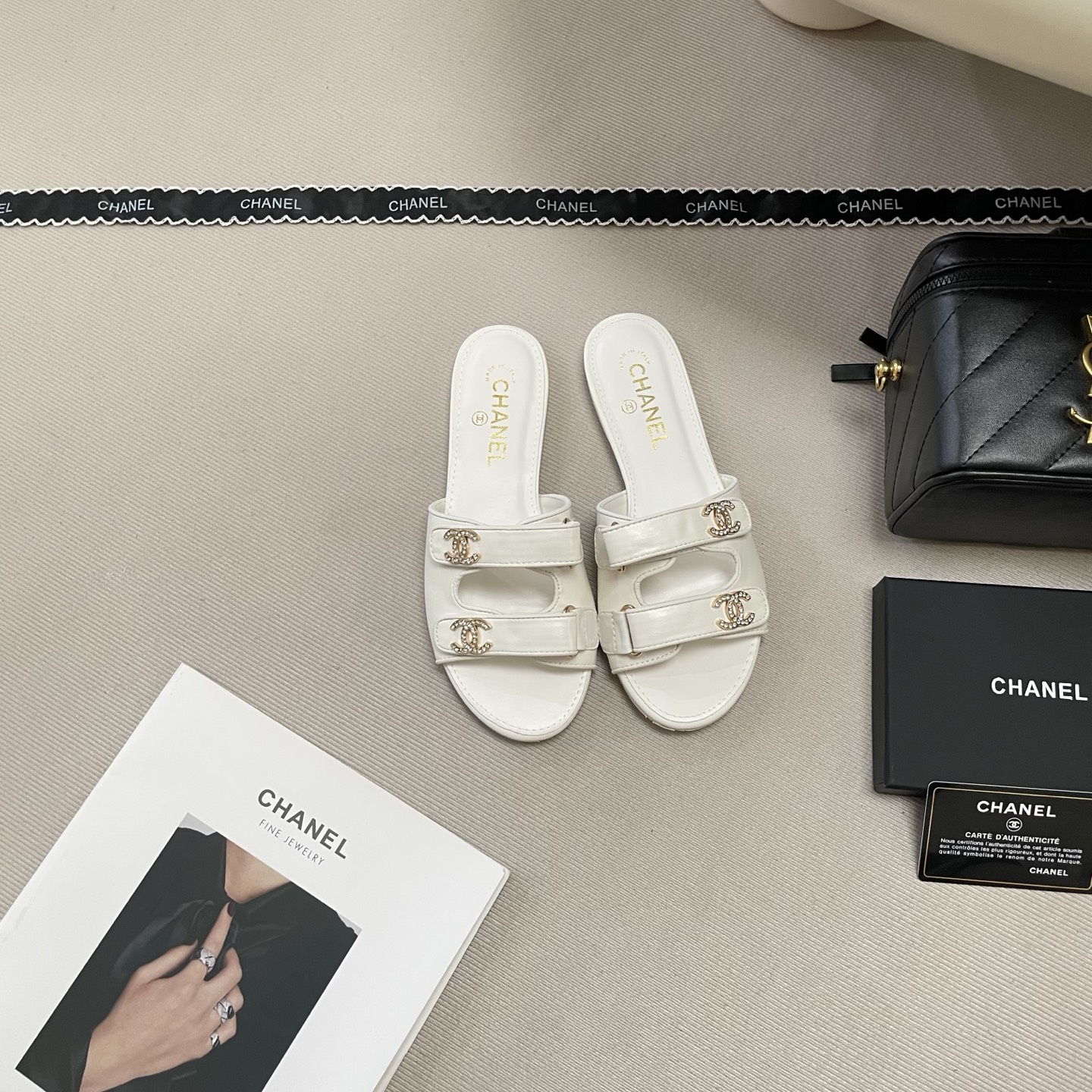 Chanel Shiny Leather Crystal Interlocking CC Logo Double Strap Flat Slide Sandals - KAIROO