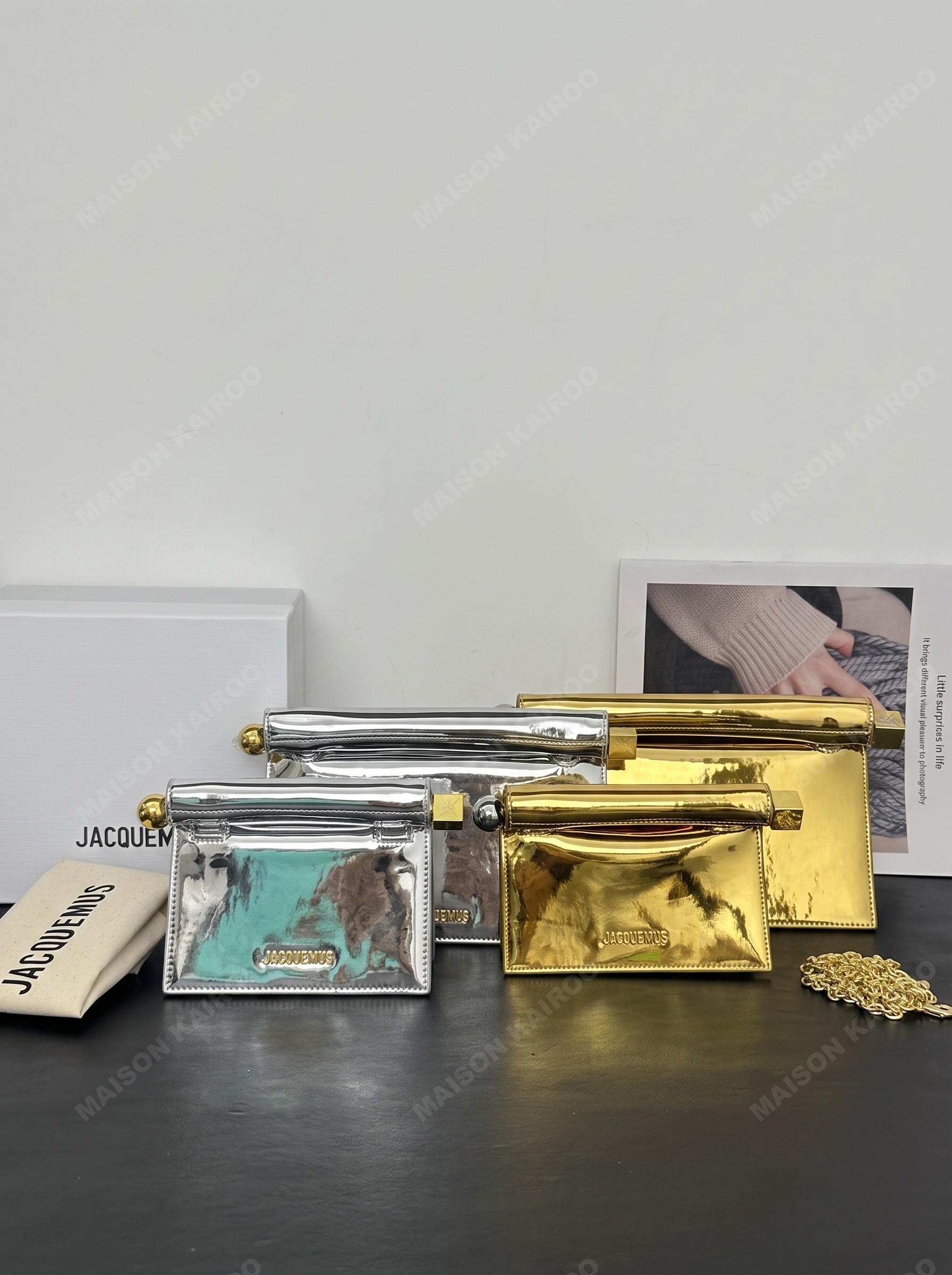 【10A】Jacquemus La Pochette Rond Carré Mirror Silver& Gold Leather Roll Top Takeout Clutch Shoulder Bag - KAIROO