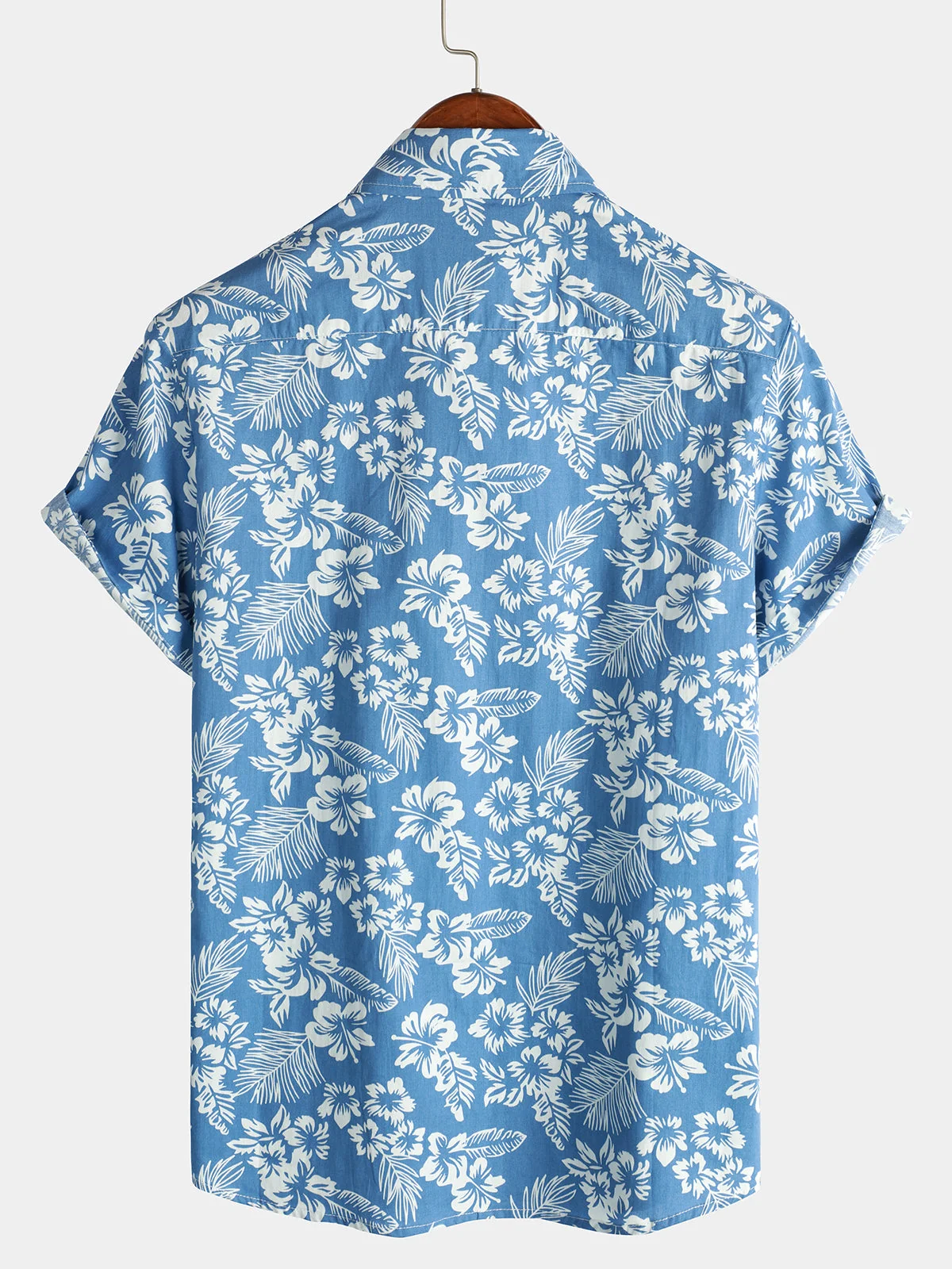 Men's Aloha Resort Blue Tropical Leaf Cotton Button-Up Beach Short Sleeve Shirt