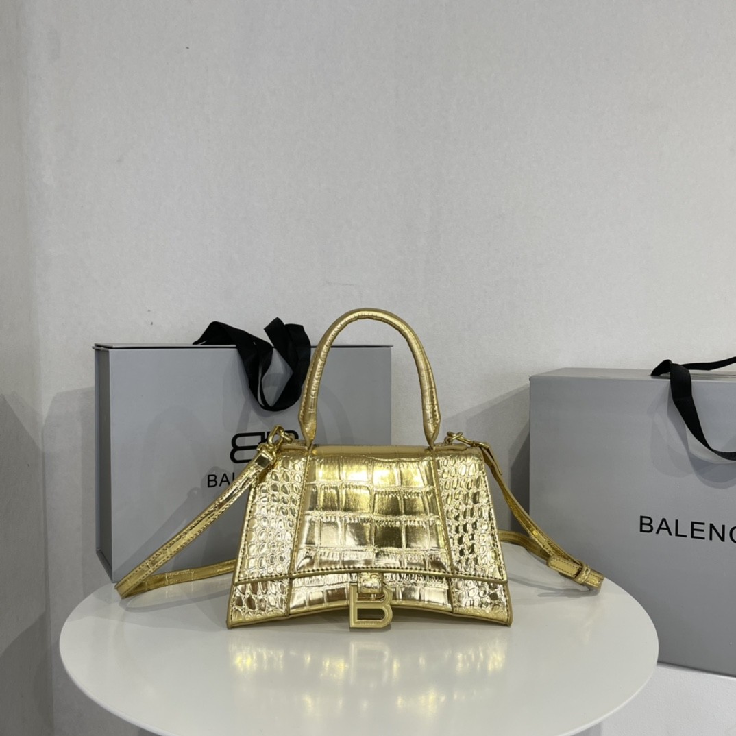 Balenciaga Gold / Silver Metallic Crocodile Embossed Leather Curved Base Handle Crossbody Hourglass Bag - KAIROO