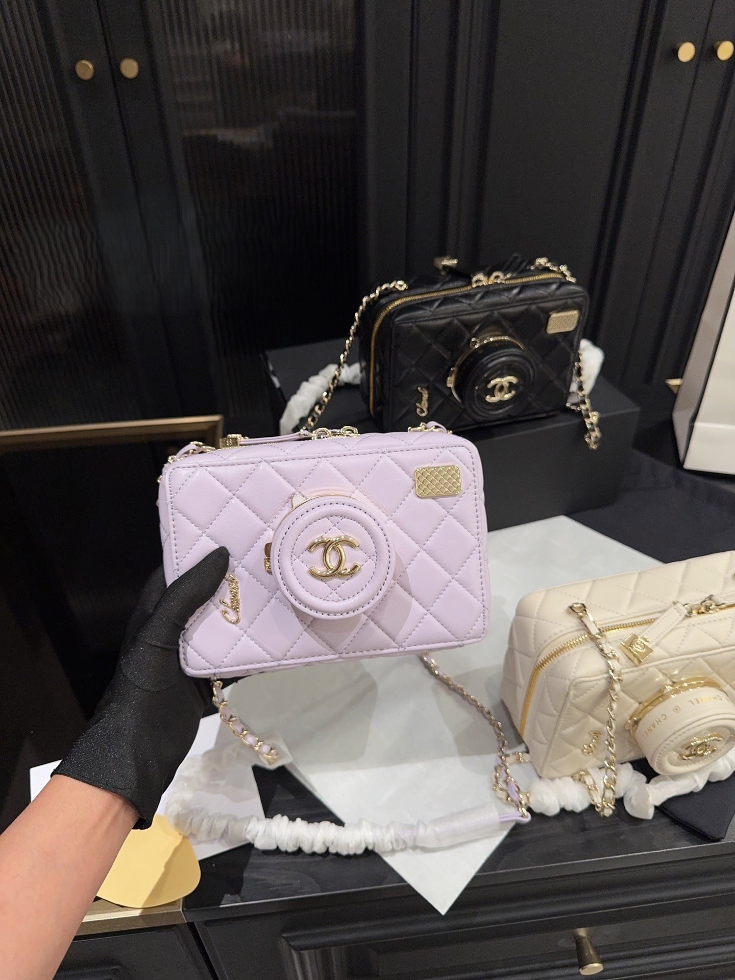 Chanel 24S Quilted Shiny Leather 3D Flip Mirror Lens Chain Strap Camera Box Shoulder Bag - KAIROO