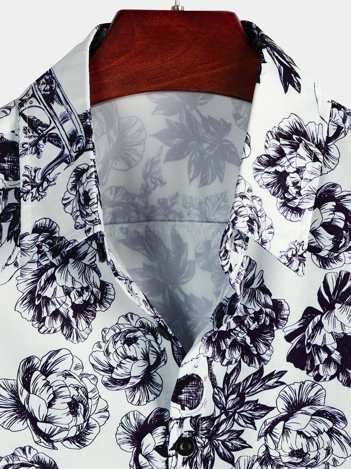 Men's Black Floral Skull Crown Punk Rock Print Short Sleeve Shirt