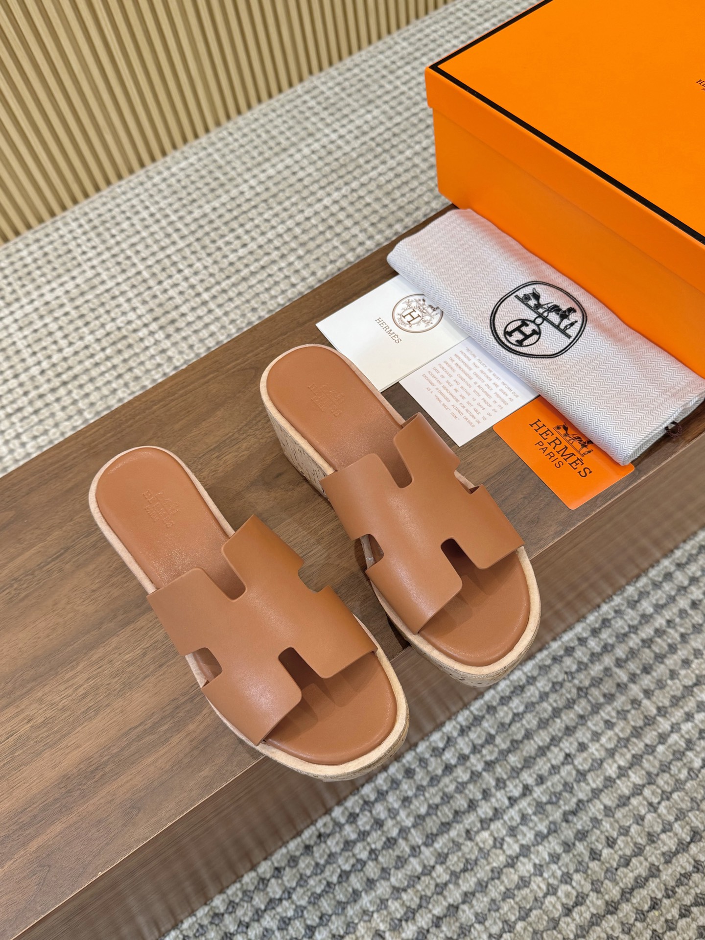 Hermès Caramel Brown Smooth Leather H-Cutout Cork Sole Slide Sandal - KAIROO