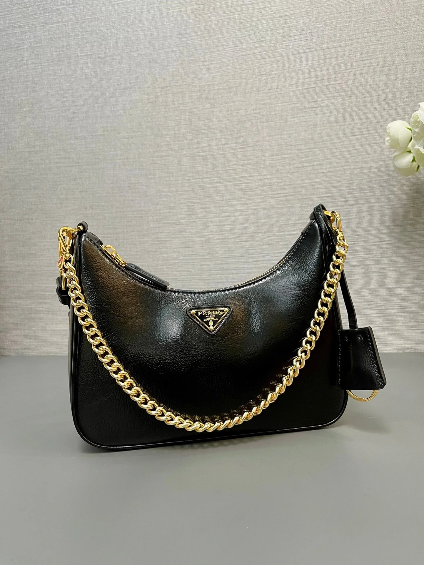 Prada HOBO BAG 23 IN BLACK PATENT NAPPA LAMBSKIN GOLD HARDWARE