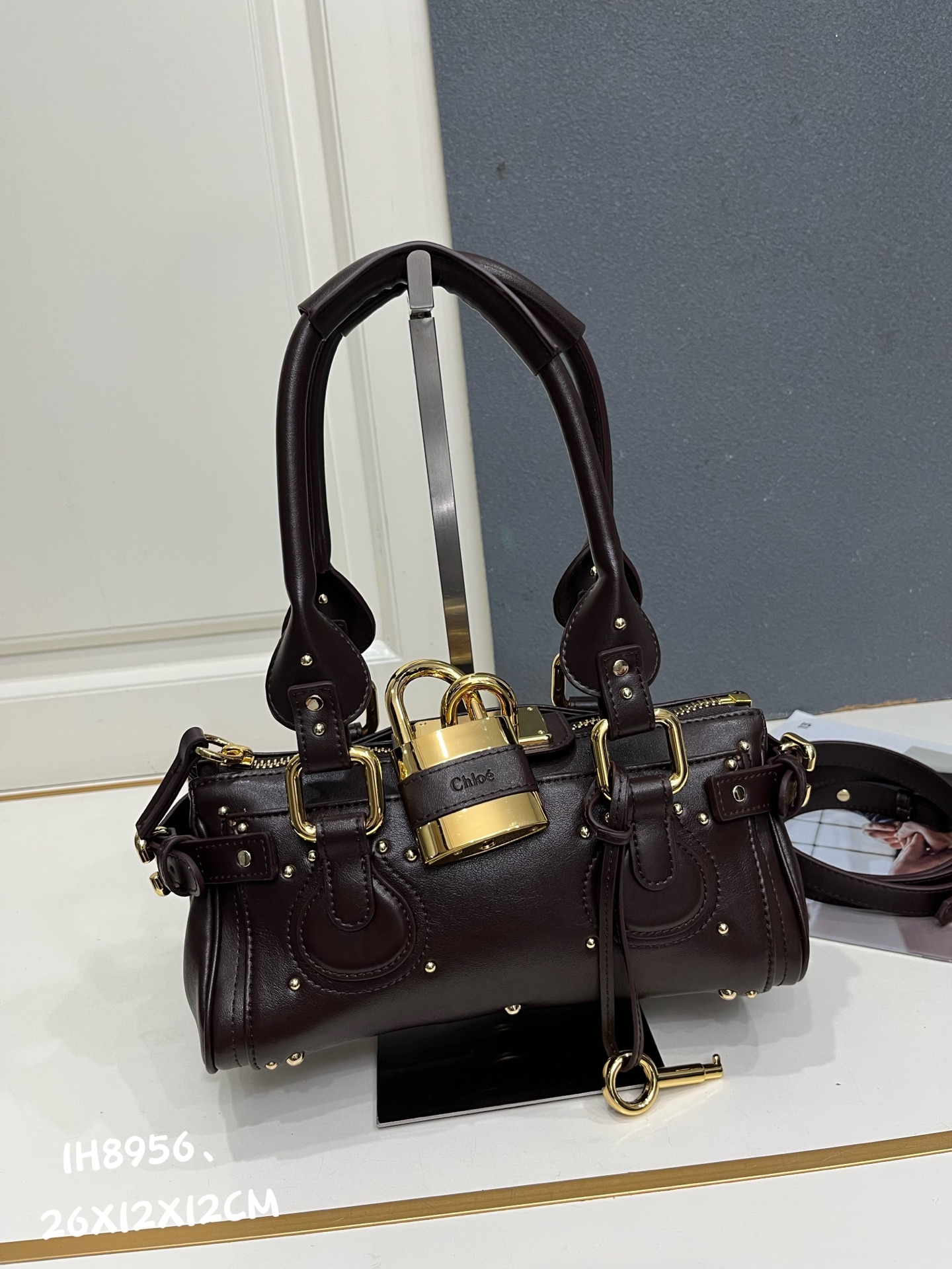Chloe Paddington Dark Brown Mini Oversized Rivet Padlock Key Smooth Leather Hobo Top Handle Bag - KAIROO