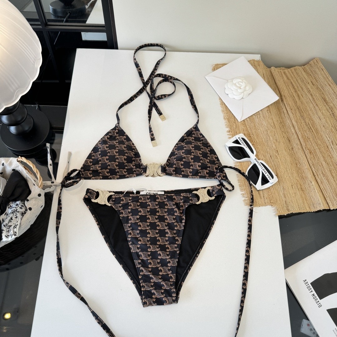 Celine Triomphe Monogram Canvas Halter Neck Bikini Set with Metallic Hardware Swimwear - KAIROO
