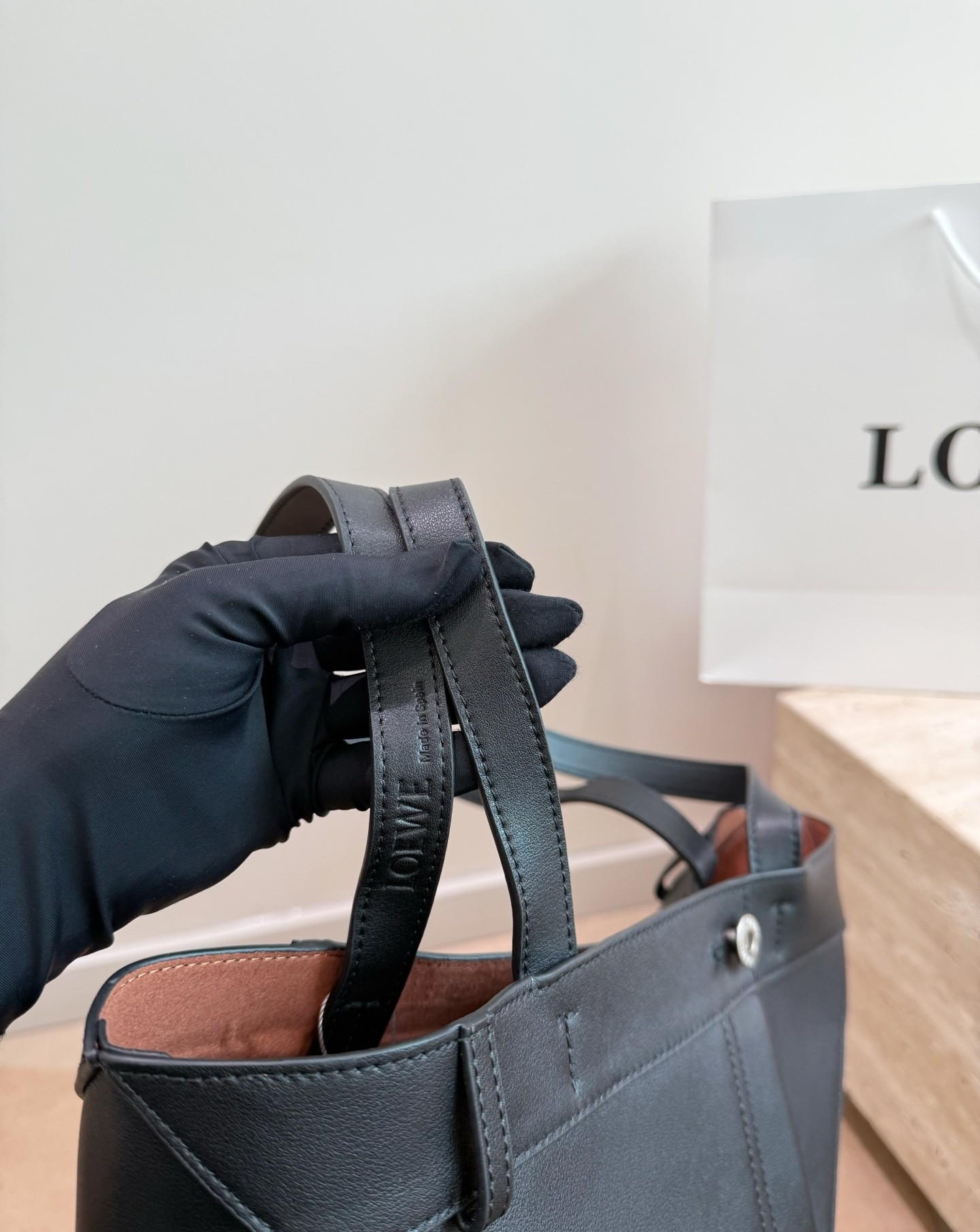 Loewe Black Puzzle Fold Leather Tote Bag & Pebble Suede Leather Resin Ankle Strappy Flat Sandals Set - KAIROO