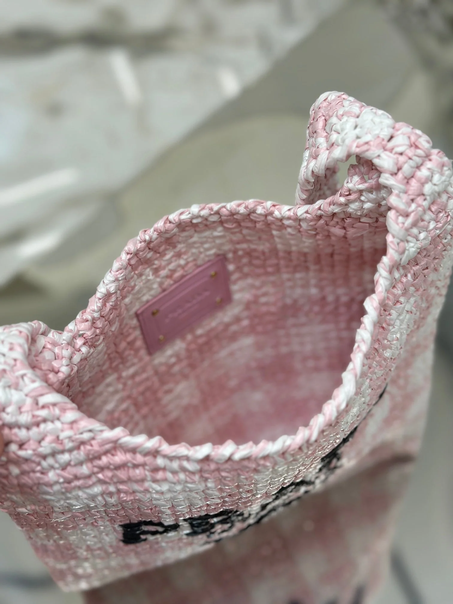Prada SMALL TOTE BAG 29 IN PINK MIX WHITE AND BLACK WOVEN RAFFIA