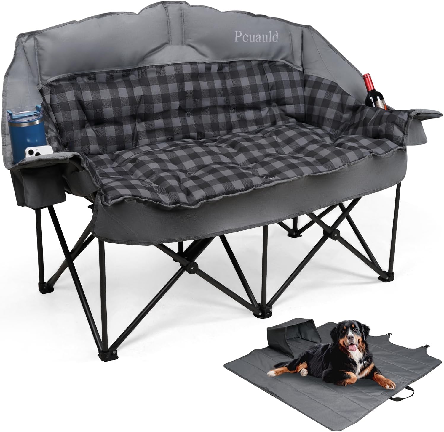 Double Camping Chair Padded Loveseat Camping Couch, Oversized 2 Person Camp Chairs with 2 in 1 Carry Bag, Heavy Duty Folding Lawn Chair Sofa with Cup Holders for Adults Patio Backyard Beach, Gray