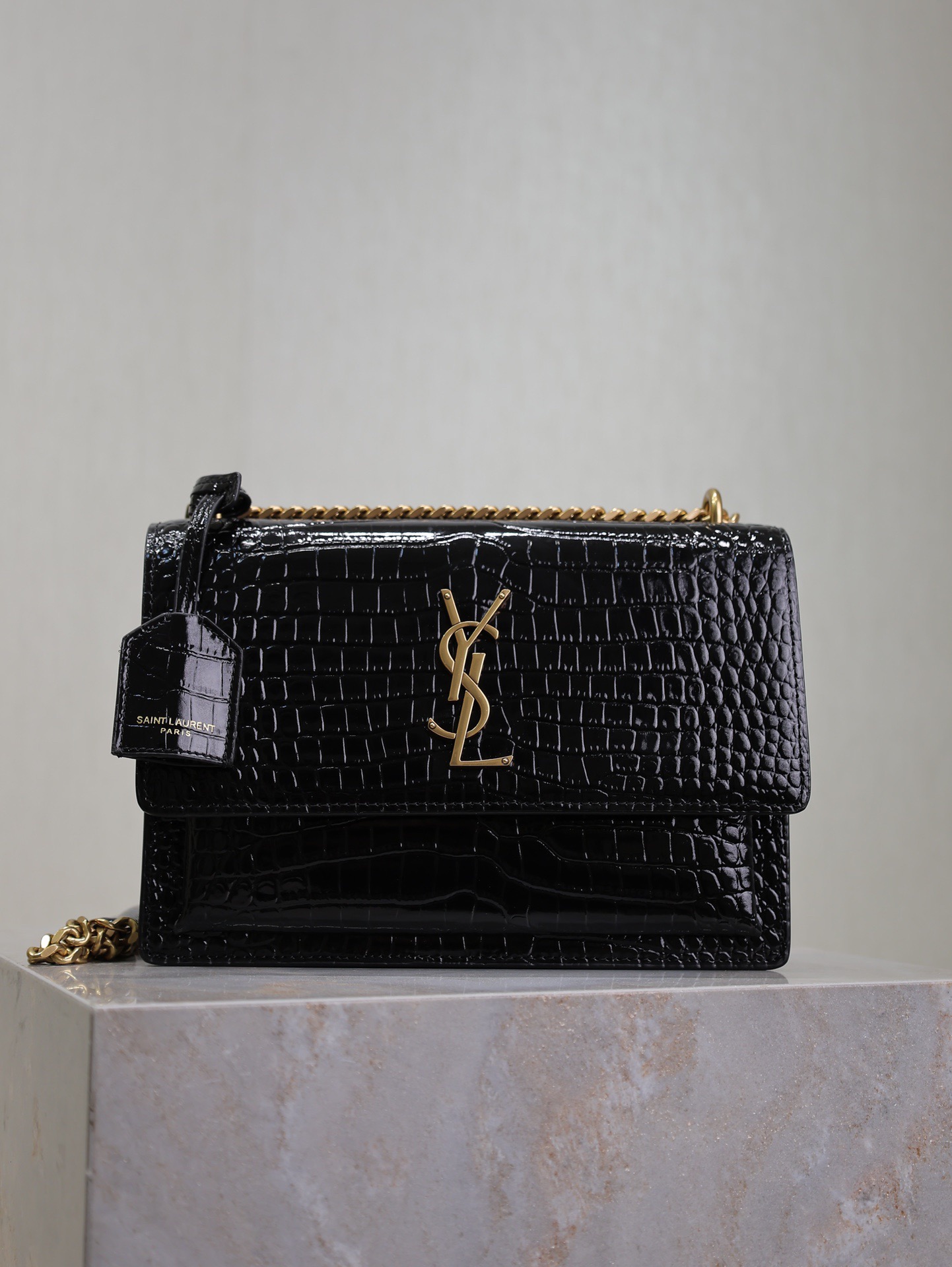 Saint Laurent YSL Black Crocodile Pattern Chain Shoulder Bag