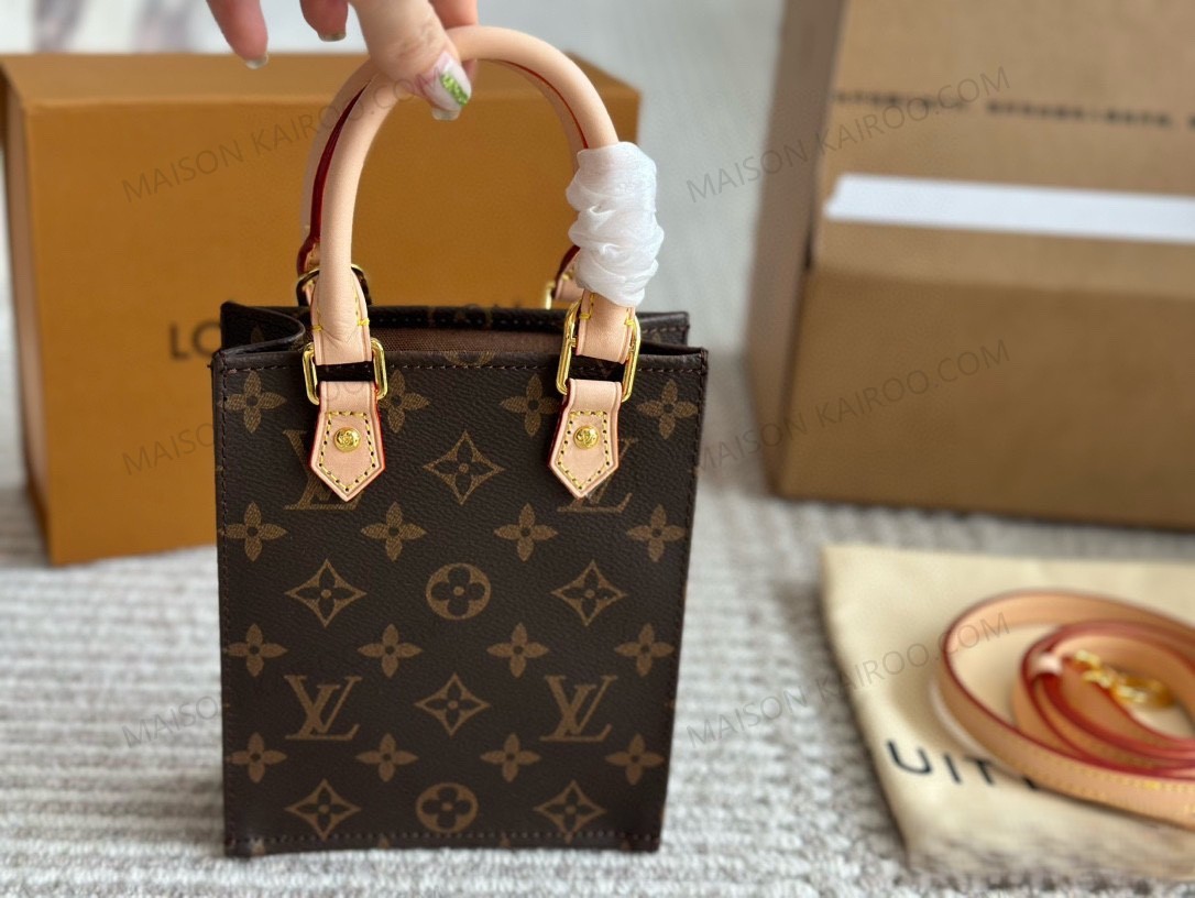 Louis Vuitton LV Petit Sac Plat Mini Macassar Light Brown Monogram Canvas Vertical Crossbody Tote Bag - KAIROO