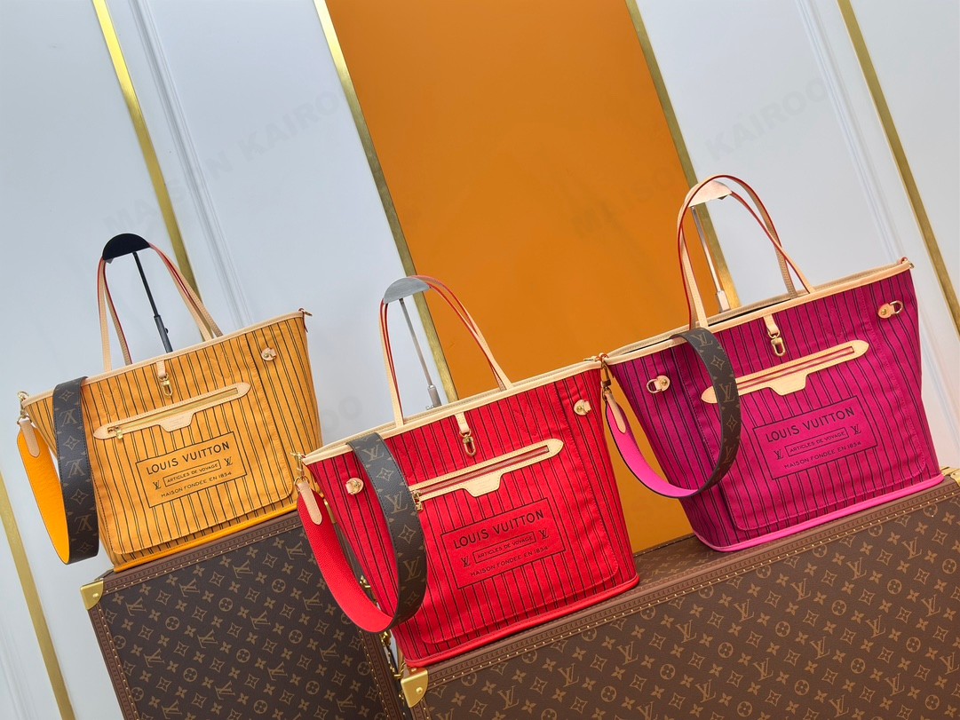 【10A】Louis Vuitton LV Neverfull Inside Out MM Monogram Striped Canvas Crossbody Strap Reversible Tote Bag With Pouch - KAIROO
