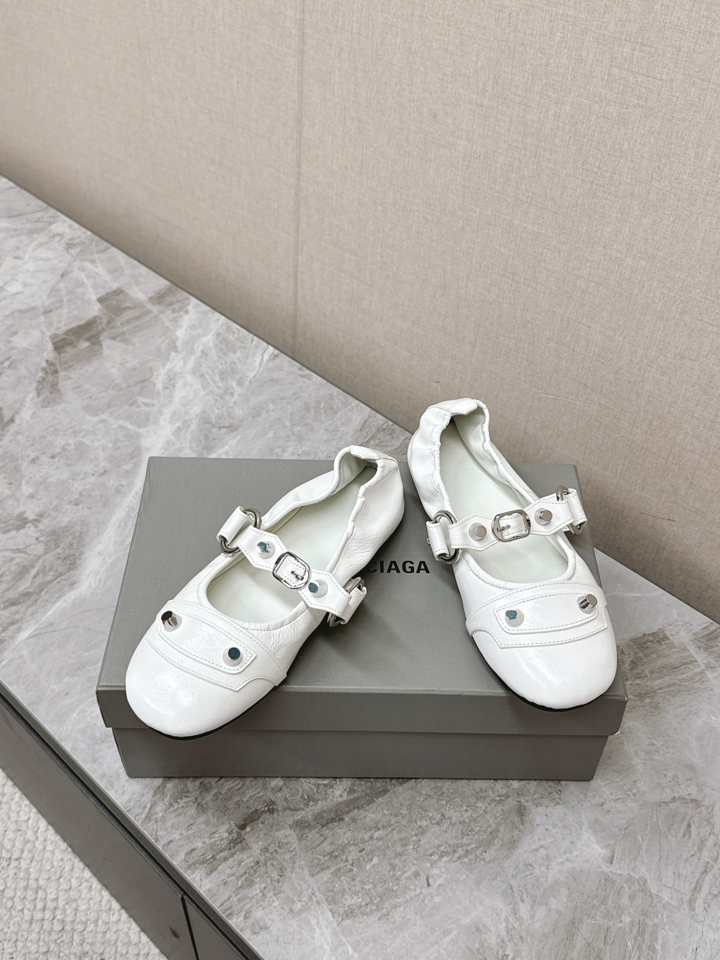 Balenciaga Cagole White Arena Leather Studded Buckle Strap Moto Mary Janes Ballerina Flats - KAIROO