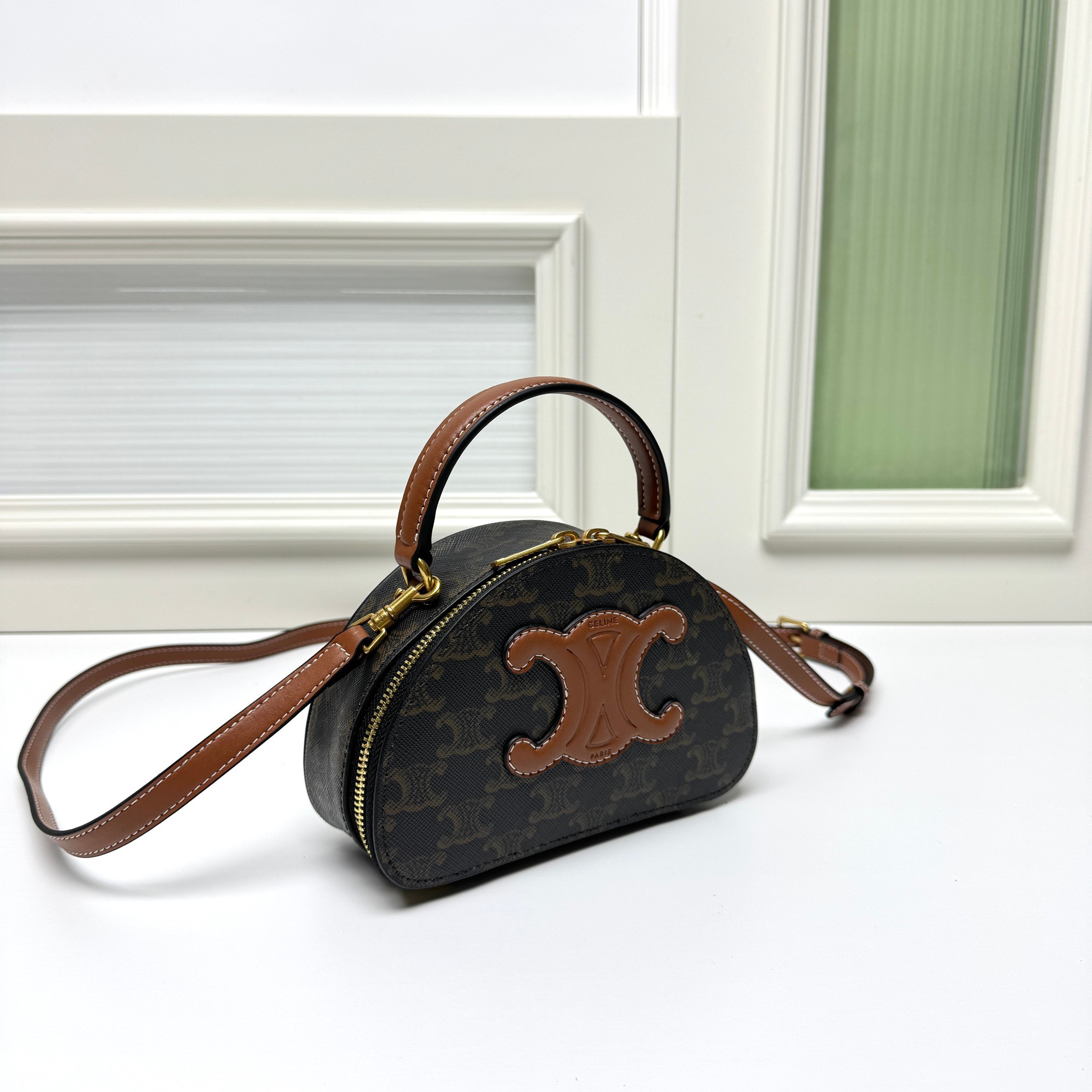 Celine Mini Tan Triomphe Monogram Canvas Leather Logo Trim Half Moon Besace Crossbody Bag - KAIROO