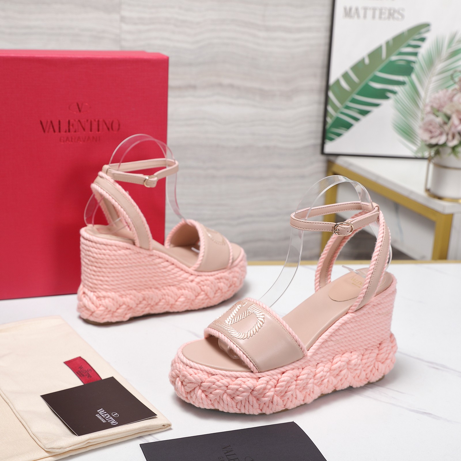 Valentino Garavani Pink Smooth Leather VLogo Embroidered Platform Jute Wedge Espadrille Sandal Heels - KAIROO