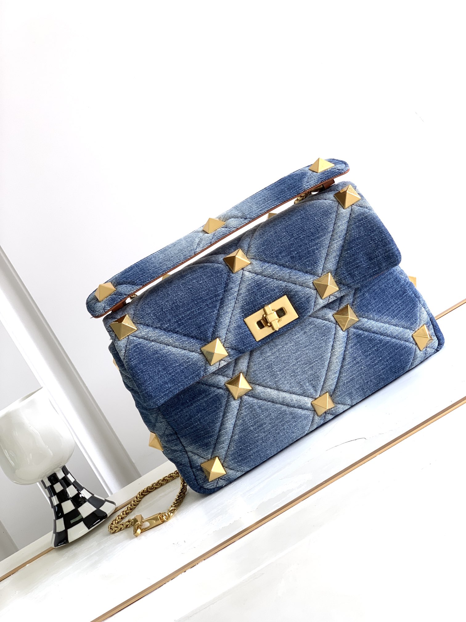 Valentino Roman Stud Quilted Blue Denim Gold Maxi Studs Chain Flap Shoulder Bag - KAIROO