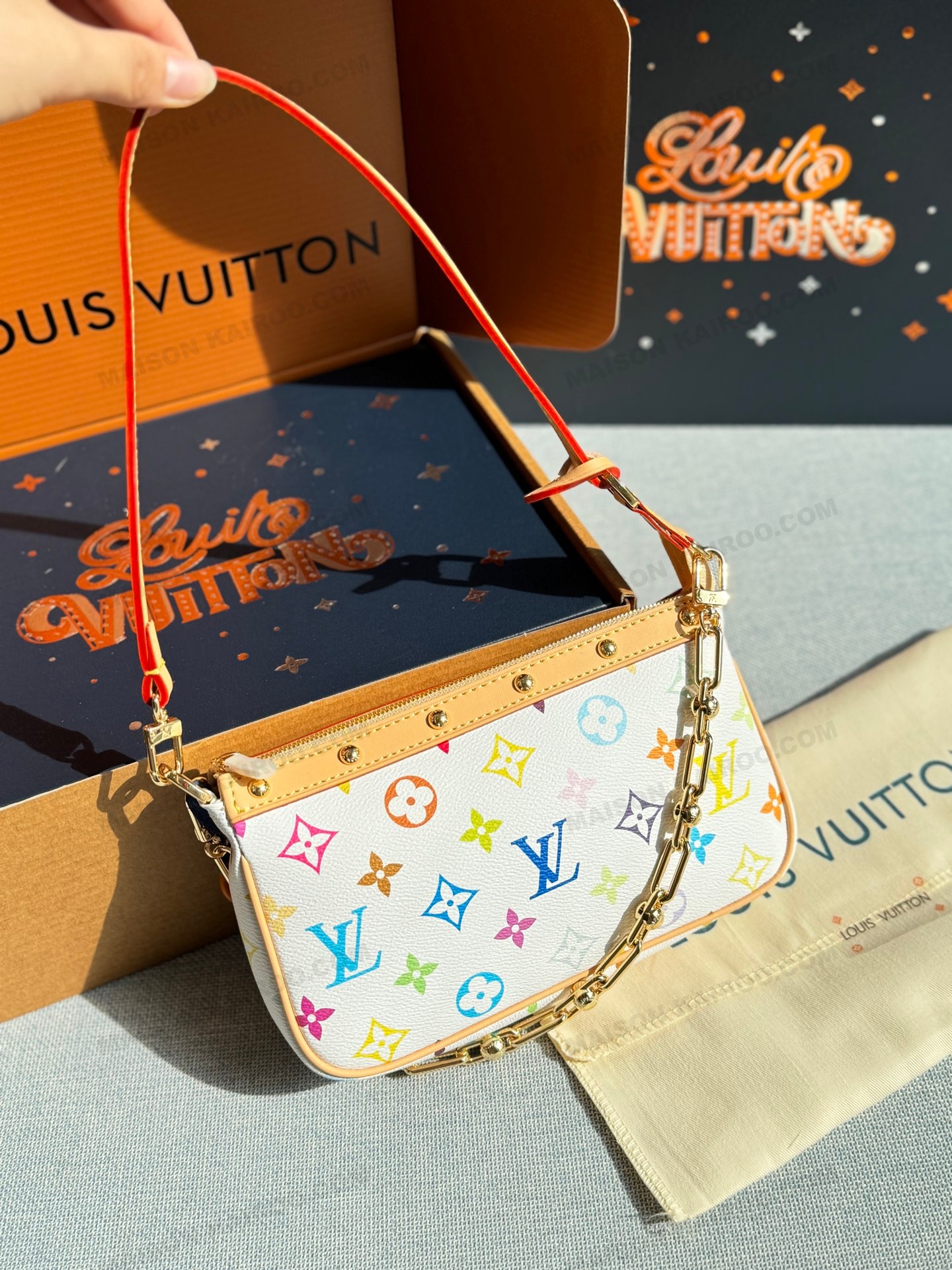 Louis Vuitton LV x TM White Monogram Multicolore Canvas Leather Studded Chain PA Pouch Hobo Shoulder Bag - KAIROO