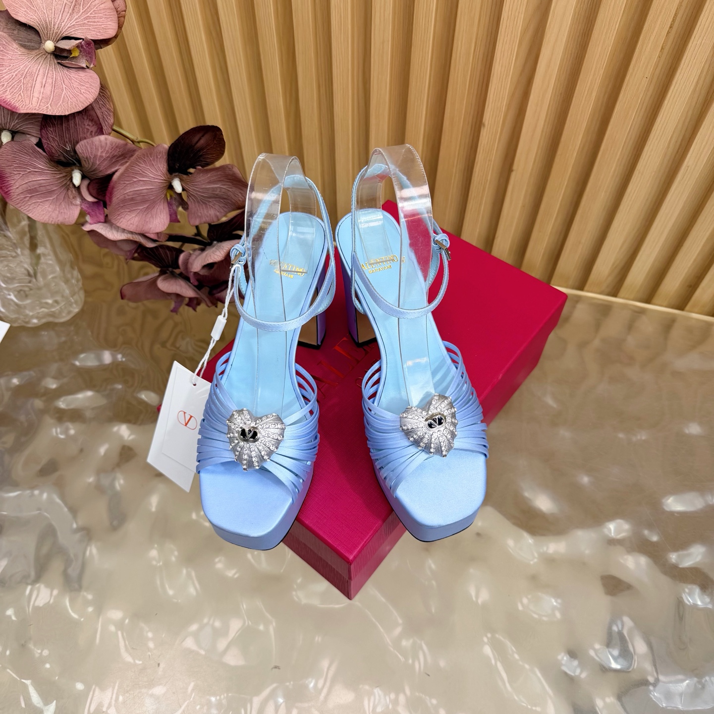 Valentino Garavani Sky Blue VLogo Crystal Brooch Satin Multi Straps Platform Square Toe Chunky Heel Sandals - KAIROO