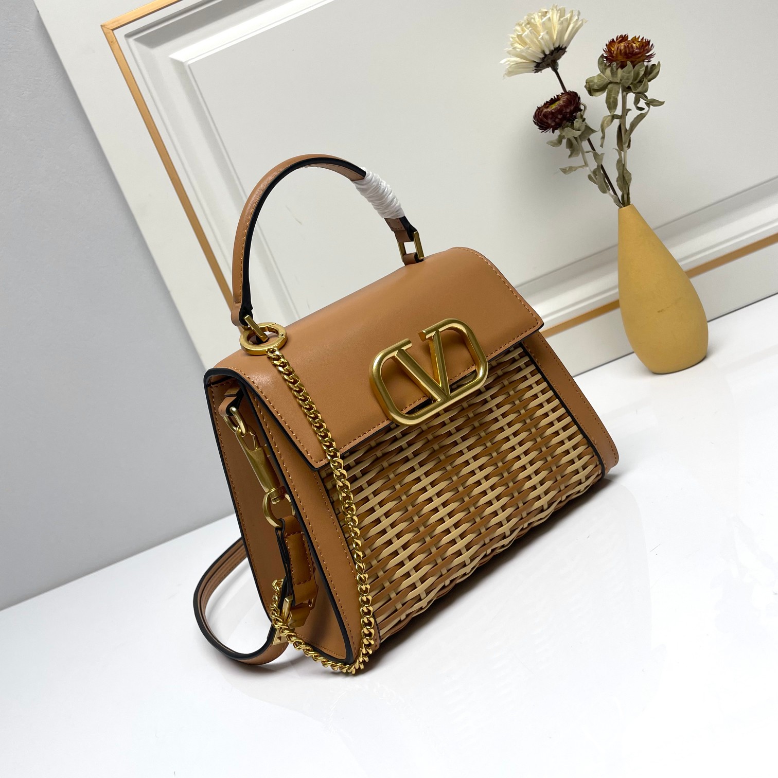 Valentino VLogo Signature Tan Woven Leather Gold Hardware Top Handle Shoulder Crossbody Bag - KAIROO