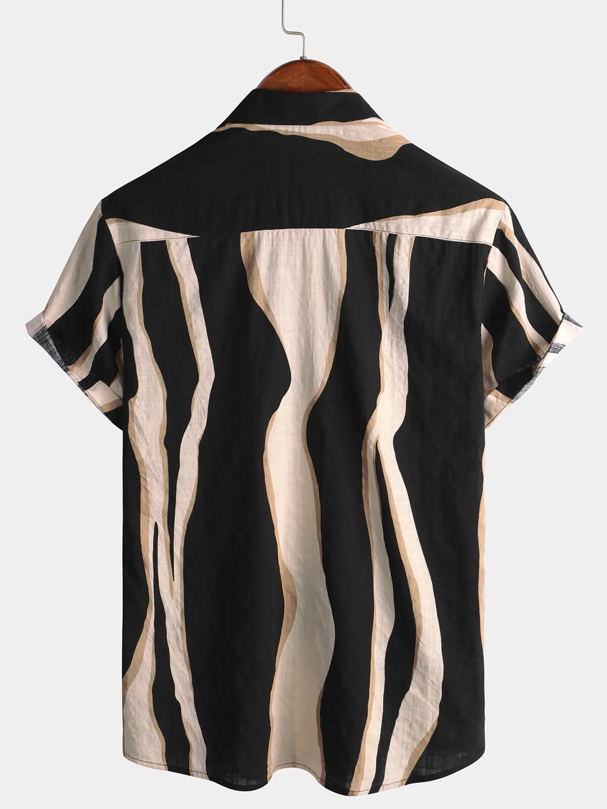 Men's Black Striped Casual Button-Up Short Sleeve Shirt