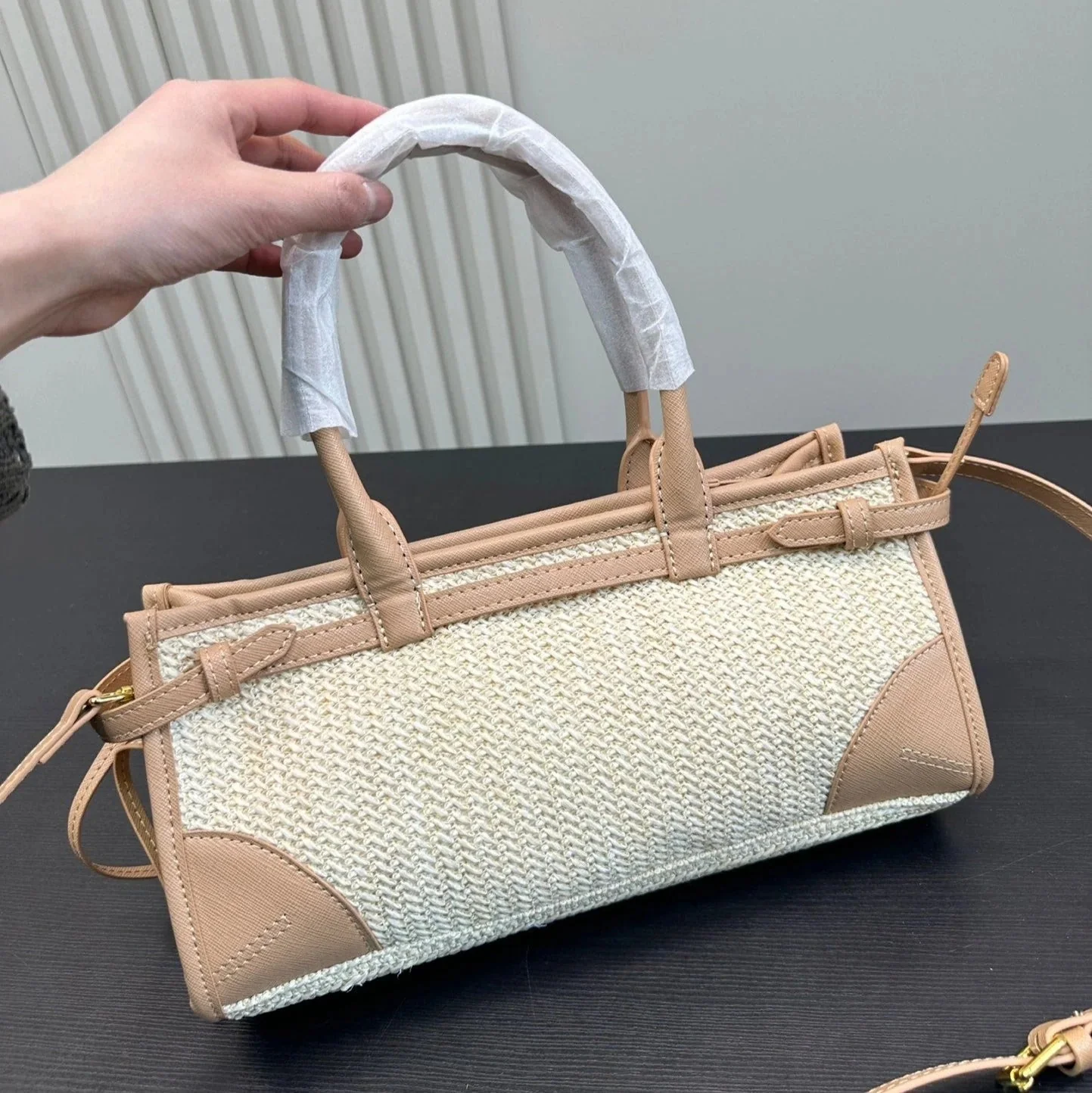 Prada BONNIE SOFT LUX HANDBAG 32 IN BEIGE WOVEN RAFFIA WITH TAN CALFSKIN