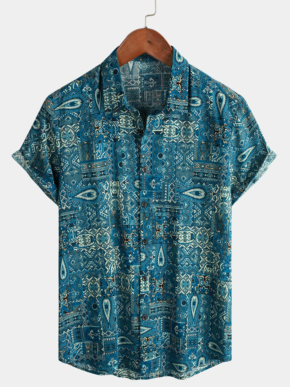 Men's Retro Blue Button-Up Short Sleeve Shirt